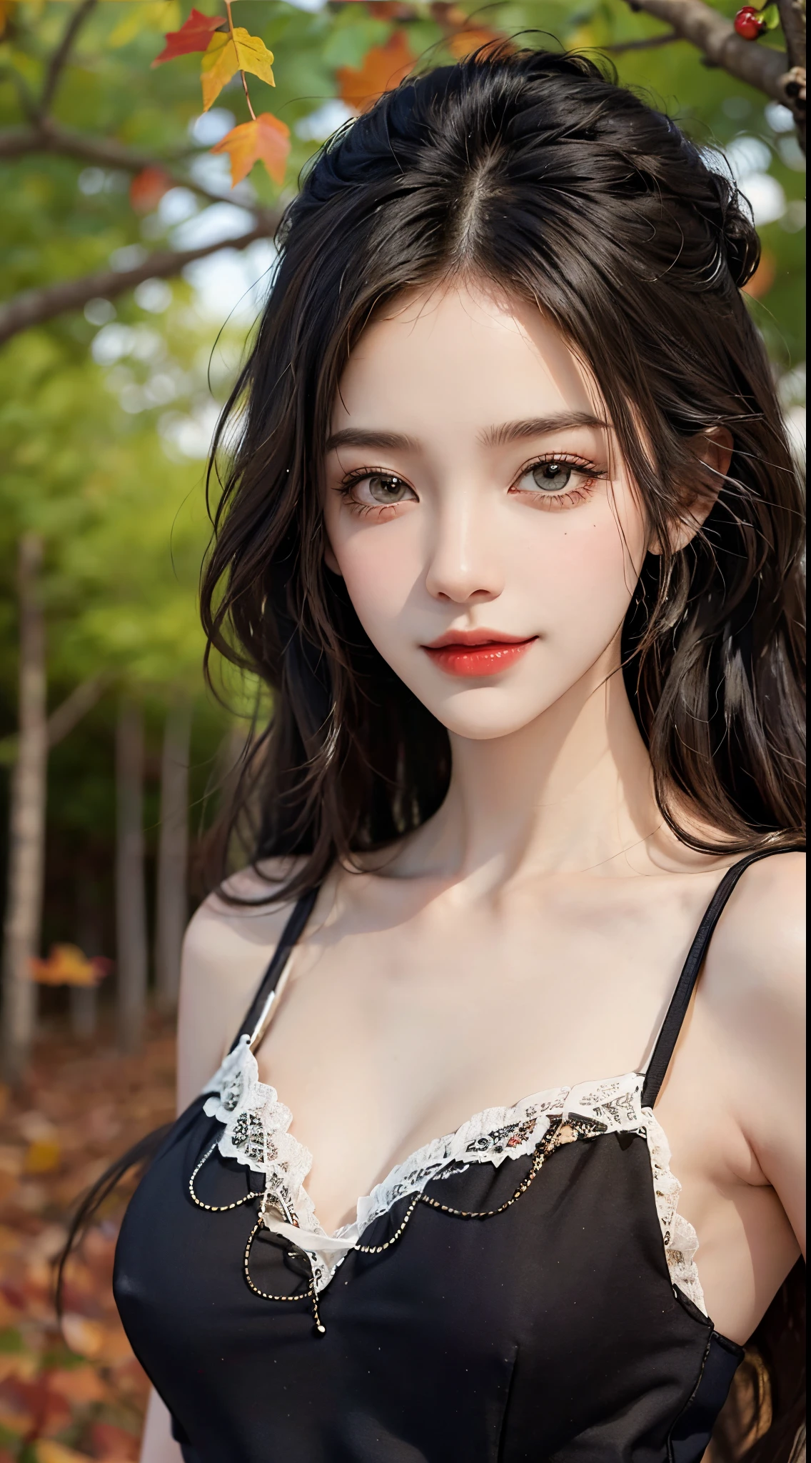 short,camisole,, fashi-girl,red lips,mature female,makeup, ((Close up)), ((cowboy shot)), (best quality,4k,8k,highres,masterpiece:1.2),ultra-detailed,realistic:1.37,portrait,beautiful girl,youthful female model,sweet girl,masterpiece,extremely detailed description,super fine painting,exquisite face,slim figure,long legs,smile,radiant smile, autumn, autumn wind and leaves