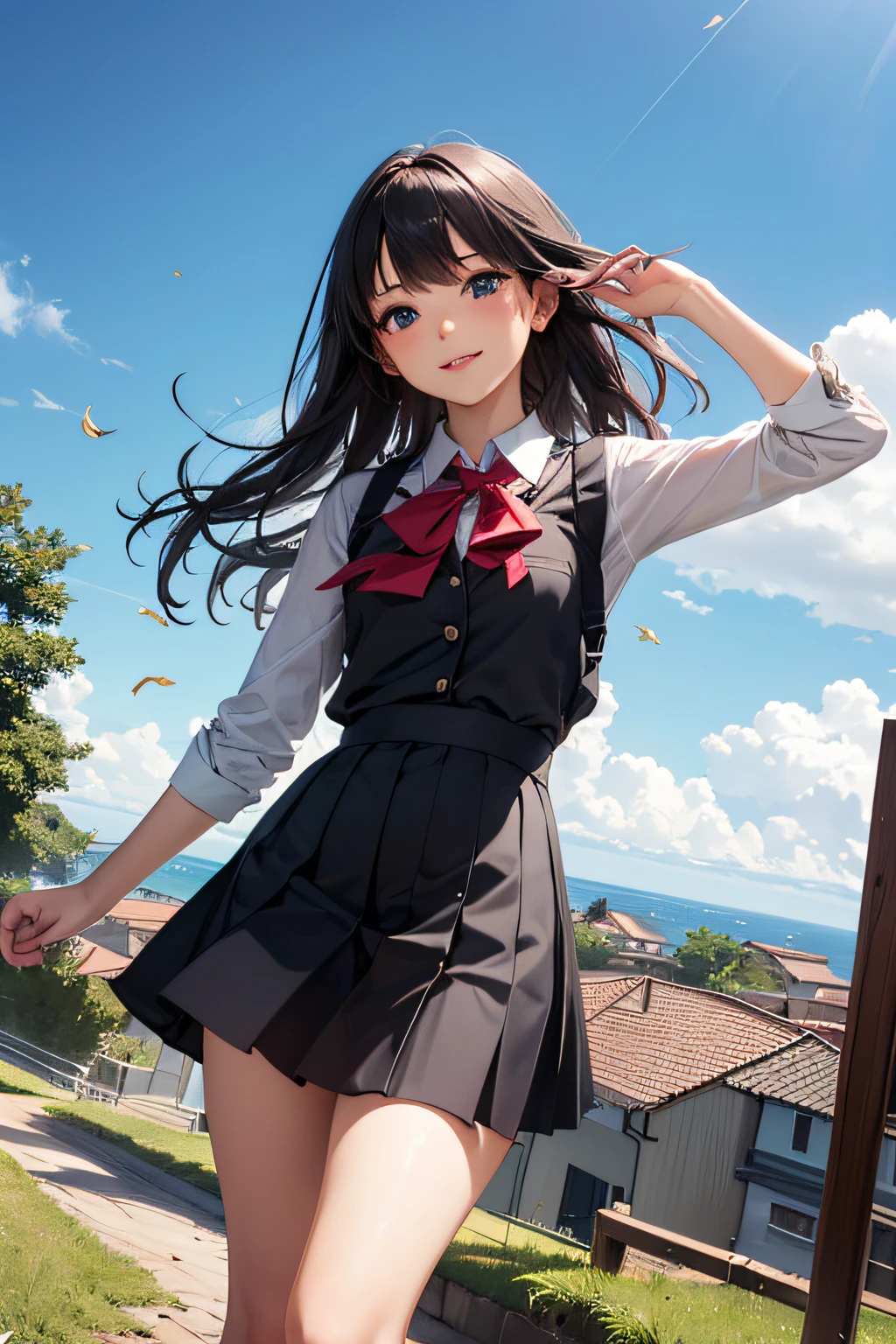 1young girls, (extremely detailed beautiful face), Smile happily, (Best Quality:1.4), (Ultra-detailed), (extremely detailed CG unified 8k wallpaper), Highly detailed, High-definition raw color photos, Professional Photography, Realistic portrait, Cinematic Light, ((twintails)), Bangs, (High School Uniform, Pleated mini-skirt:1.3), smile, ((meadow, flower garden)), (lots of wildflowers:1.5), (view from below:1.4),