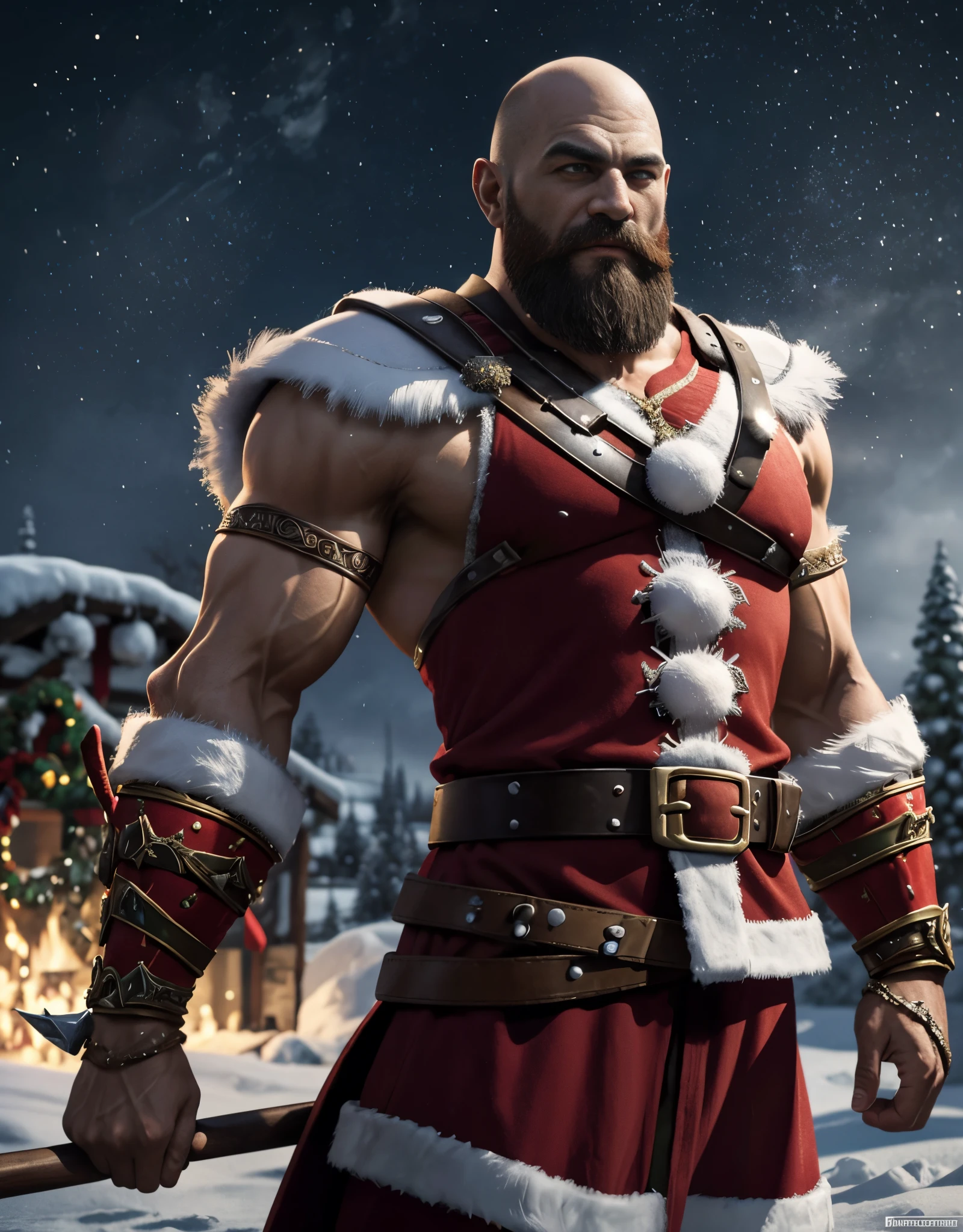 “Masterpiece in 4K, epic style. | Kratos, o Deus da Guerra, veste um traje de Papai Noel enquanto enfrenta um ambiente gelado. The Christmas background highlights a sleigh and reindeer, adding a mystical touch to the scene. Kratos, with a serious expression, segura um presente divino, mixing the ferocity of the warrior with the festive spirit. | The composition highlights Kratos' imposing presence in contrast to the Christmas atmosphere., Creating an epic and unique scene. | Kratos' extraordinary scene, o Deus da Guerra, wearing a Santa Claus costume in a cold environment with a sleigh and reindeer. | The camera, positioned close to Kratos, reveals the details of his Santa Claus outfit and the icy background, capturing the fusion of his warrior demeanor with the festive setting. | (epic_pose), Kratos is adopting a ((festive_pose, with Santa Claus outfit, in icy environment):1.3), (god_of_war), (4K_resolution), More Details”.
