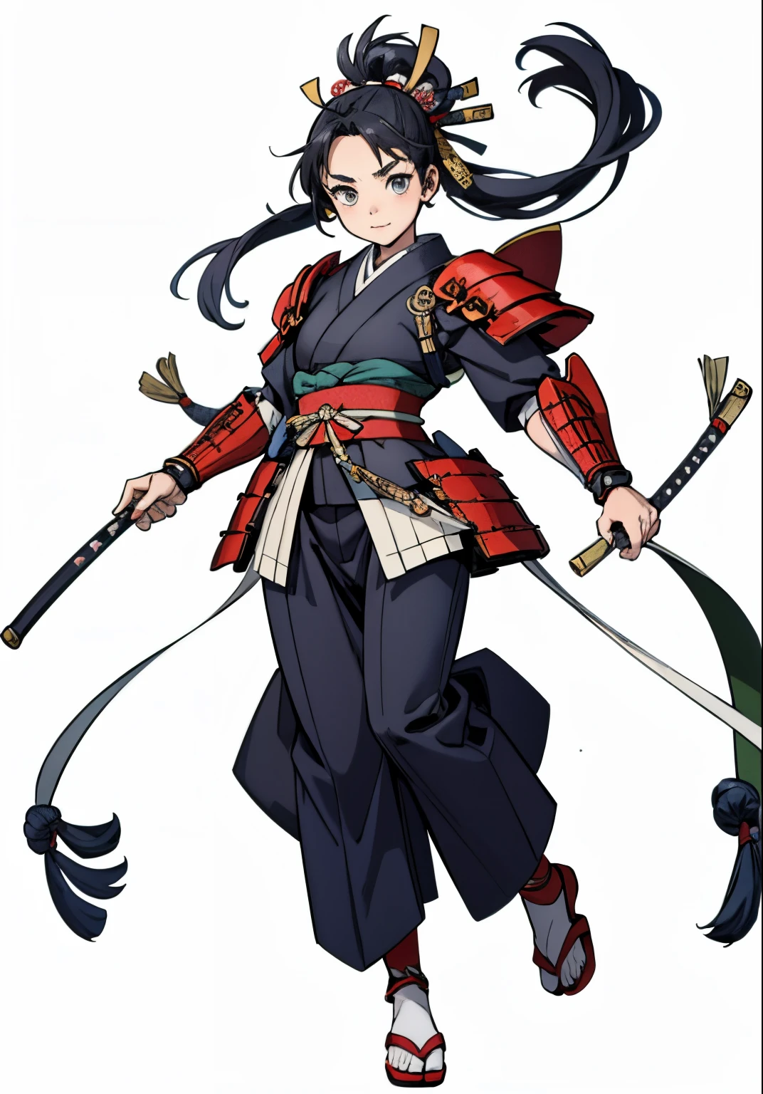 Cute girl, She wears ancient Japanese samurai armor, Tied hair, full body, White background