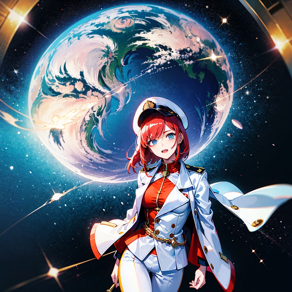(((masterpiece)))、(((Top image quality)))、(((top-quality)))、(Illustration of one woman)、30-years old、(Viceroy)、((Red-haired shorthair))、(Thin hair hanging down both sides of the face)、Blue eyes、((Tall))、((Muscle Woman、stocky build、muscular legs、broad shoulders、solid chest))、((Military uniforms))、((Military Cap))、((Military coat))、(white clothes)、(White pants)、(White cap)、trench coat、((Inside the bridge of the spaceship))、(Outside the window、kosmos、Earth seen from space、Spaceport)