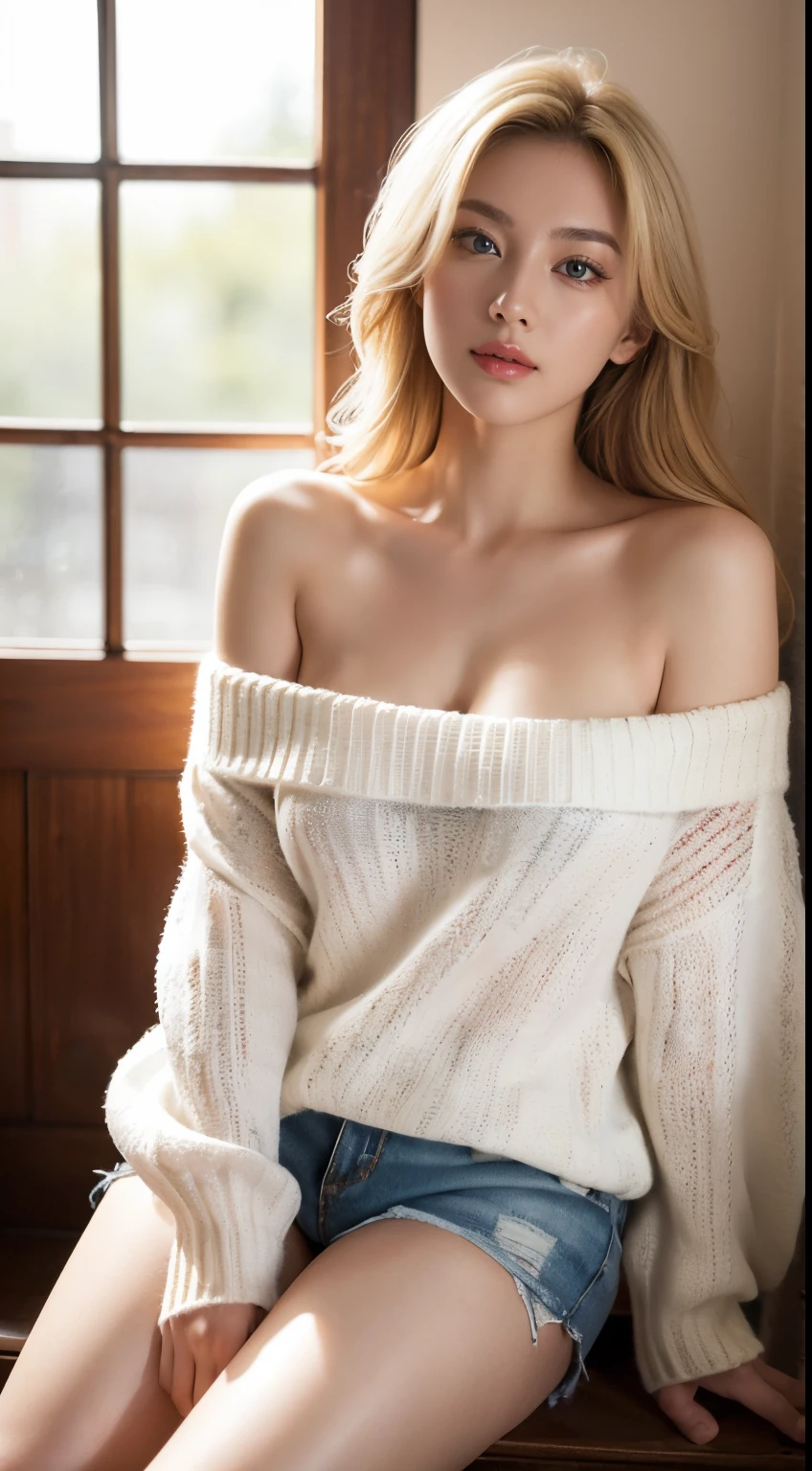 blondehair、big boo buster piece), Best Quality, Extremely detailed, (watercolor paiting), bloom, Delicate and beautiful, Illustration, (From below),(1girl in:1.4), (Solo:1.2), Large breasts, (Ribbed sweater:1.3), off-the-shoulder sweater, (Short shorts:1.2), Bare shoulders, (underboob), ((de pele branca:1.2)), Beautiful eyes, (disheveled hair ), Photography, over-the-shoulder shot, by Alex Maleev, Professional, Canon Camera, Nikon Camera, sharp, Bokeh, Studio Quality, fish-eye lens, by Robert Capa ,