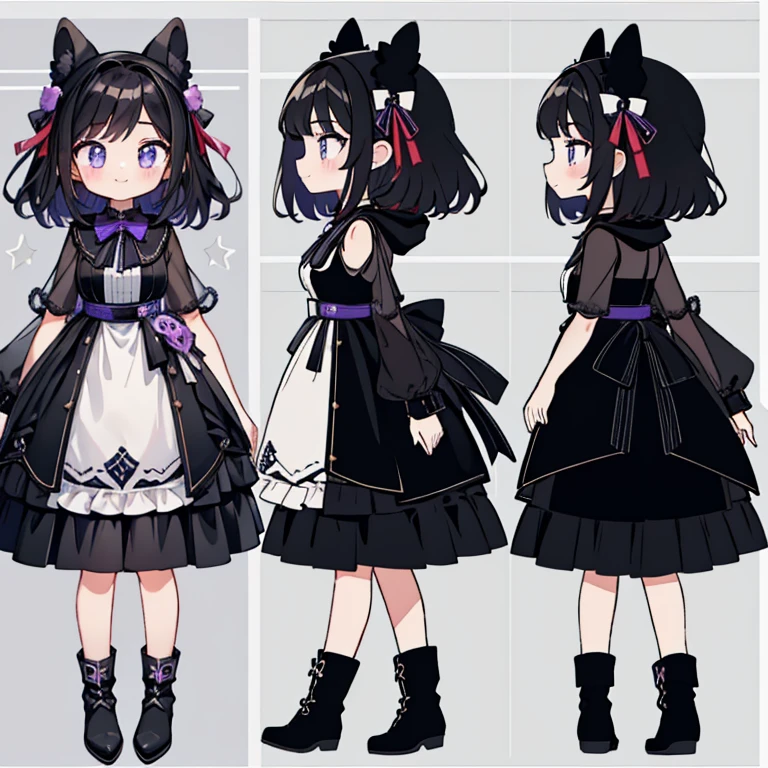 Chara Sheet,character reference sheet, 1 girl, CharacterDesignSheet, ((front-facing view, from side view)) symmetrical elements in clothing,the same character, Clothes simulation detection similar to CLO, Awesome designer, full body Esbian,Kuromi,Images of girls, Better hands, black tone, Girly, Sweet Decoration,, dreamy scene, exquisitedetails, Small and exquisite, Girlish emotions, Cute decorations, Sweet smile,minidress,Black hair,Wearing a black hood, Purple eyeshadow, thick boots,Goth loli style,Black and purple clothes,less clothing,6 vertical rolls of hair