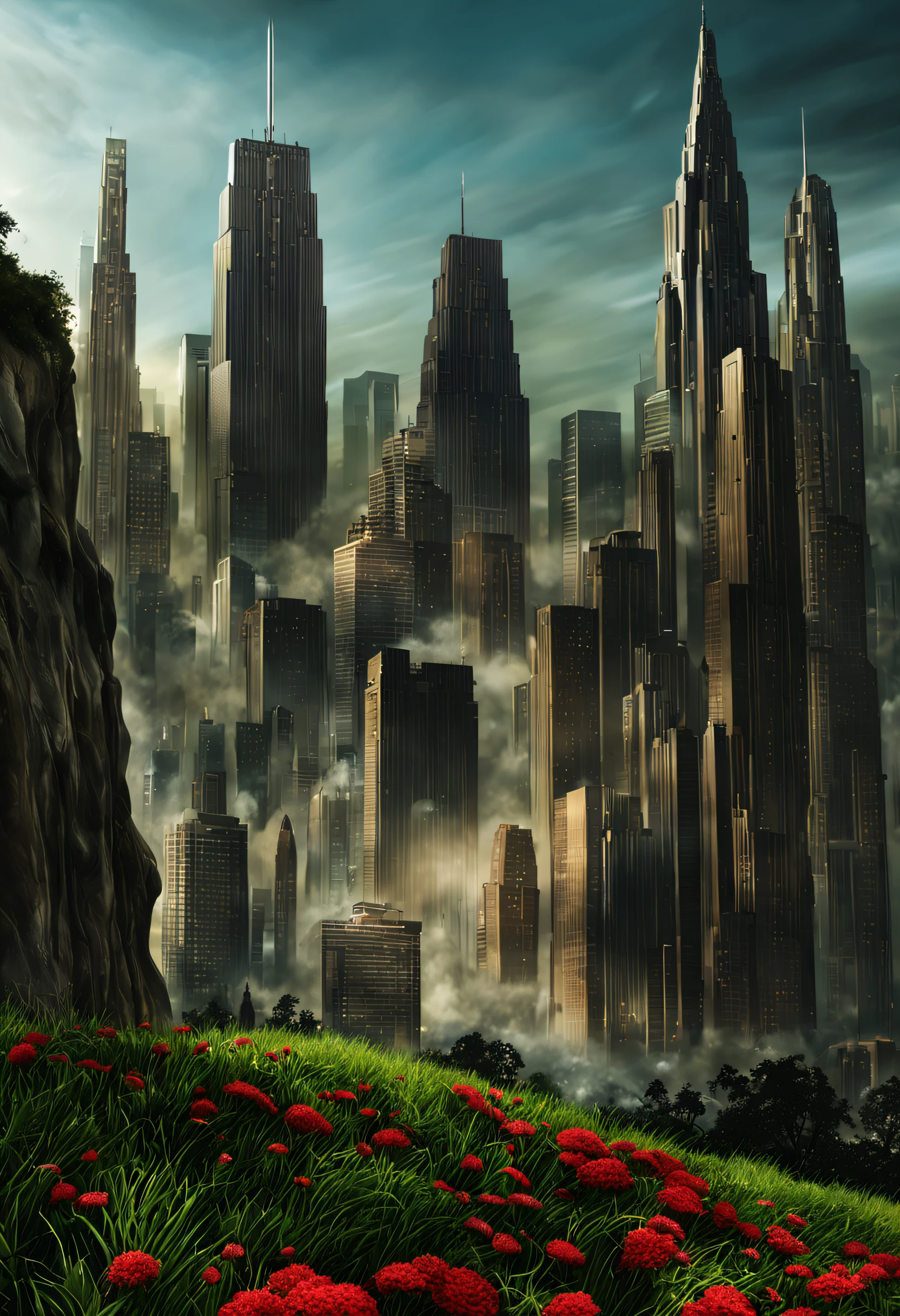 create a digital matte painting for a giant forest of a sci-fi movie set with giant skyscrapers next to the forest trees ,in the sky of this illustration, um astronauta masculino com uniforme branco voa com o foguete suitpac nas costas e voa baixo perto do solo, Detailed and realistic close-up of a field full of red flower buds on the green grass ground next to a path next to the green grass towards the large metropolis situated in the background of the scene against the background of a blue sky with white 3D clouds, ultra realism in the matte painting cinematography of the illustration based on the matte painting art of artist Albert Whitlock
