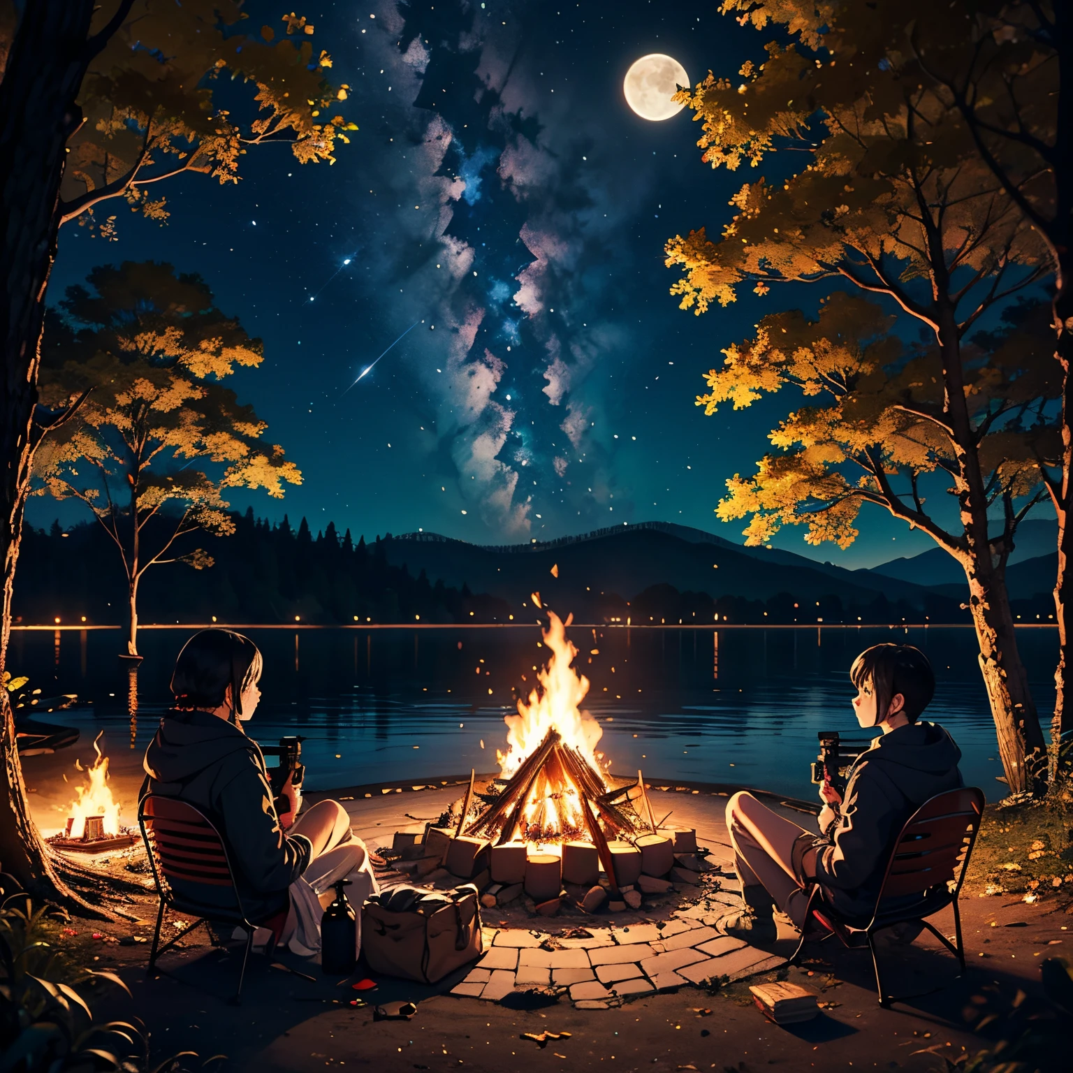 Best Quality、masutepiece、in 8K、camp、((camp fire))、the woods、lake、shooting stars、fullmoon
