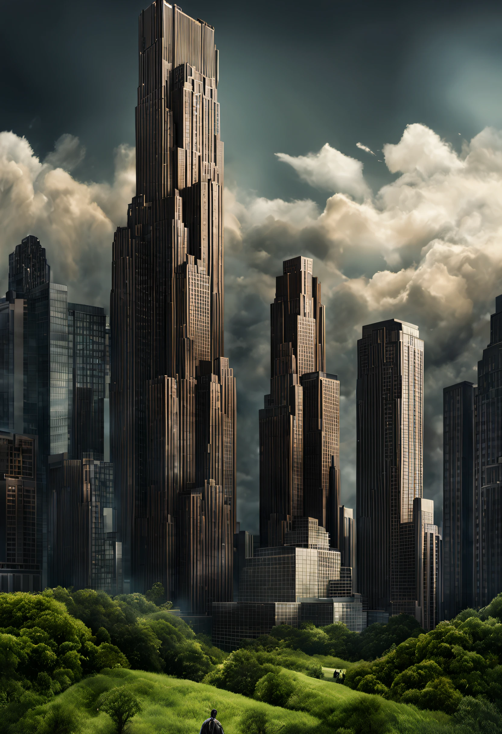 create a digital matte painting for a giant forest of a sci-fi movie set with giant skyscrapers next to the forest trees ,in the sky of this illustration, um astronauta masculino com uniforme branco voa com o foguete suitpac nas costas e voa baixo perto do solo, Detailed and realistic close-up of a field full of red flower buds on the green grass ground next to a path next to the green grass towards the large metropolis situated in the background of the scene against the background of a blue sky with white 3D clouds, ultra realism in the matte painting cinematography of the illustration based on the matte painting art of artist Albert Whitlock