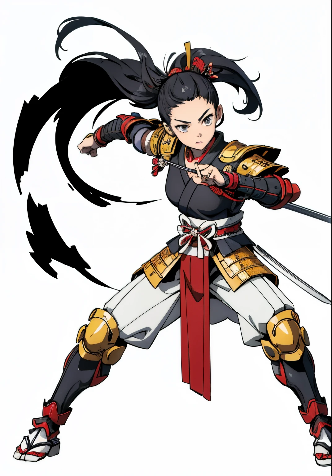 Cute girl, She wears ancient Japanese samurai armor, Tied hair, full body, White background, Combat stance