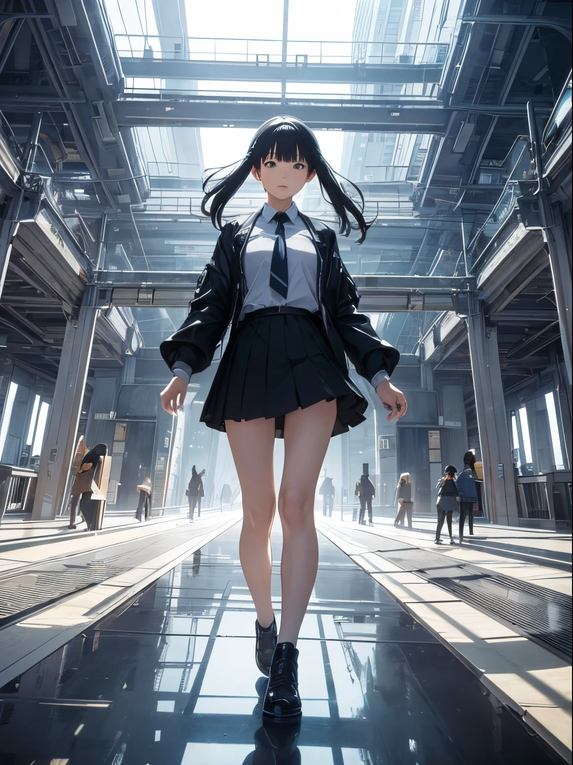 Jee Young Lee, Makoto Isshiki, Surreal, mysterious, bizarre, fantastic, fantasy, Sci-fi, Japanese anime, architectural symbolism, the world as an artificial structure, city, blueprint, cross-section, perspective, superimposed perspective, linear perspective, foreshortening, vanishing point moving with the horizon, binocular parallax, convergence angle, motion vision,  Difference size Perspective, Miniskirt Beautiful Girl Architecting Perfect voluminous Body, detailed masterpiece perspectives
