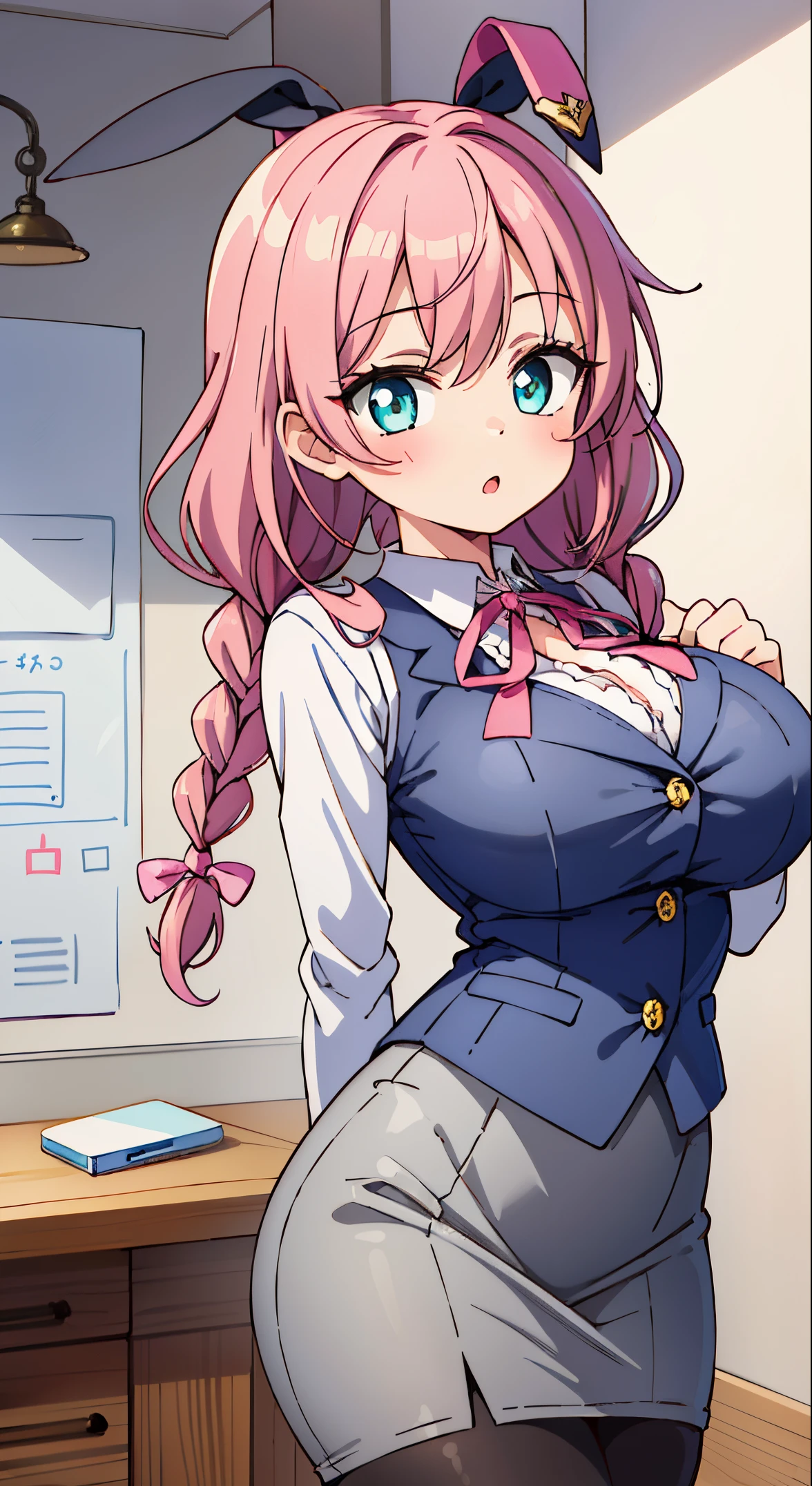 (masutepiece, Best Quality, Perfect Anatomy, High quality:1.4), nice hand, Perfect hands, Detailed beautiful hands, Large_filesize, fulcolor, hight resolution, symmetric, exceptional, Best aesthetic, newest, Anime, very beautiful detailed body,The hair,faces,The eye,BREAK,



1 beautiful girl, ( girl),Solo,(Cute:1.5),(Chibi:0.6),(kawaii:1.5),(Lori:0.5),BREAK,(17 years oldautiful girl,Very detailed,colourfull,highest details,Clear skin,Beautiful skin,Shy,Very detailed,colourfull,highest details,BREAK,Clear skin,Beautiful skin,Shy skin,BREAK,{Heterochromia,blue eyess,Green eyes,PUPILS SPARKLING:1.9},star eye silhouette,BREAK,(Pink hair, Medium length:1.4),(Twin braids,A little curly hair,Princess Cut, crossed bangs:1.3),(Big breasts,Beautiful breasts,Large breasts:1.5),(long eyelashes, Double eyelids:1.2),Solo,gleaming skin, Clear skin, Beautiful skin,(best quality face),(Top quality glowing eyes),(Doya face,brave face:1.45) ,  BREAK,

【pronpt】
＜Quality Improvement Prompt＞
＜Character appearance、Background and other prompts REAK (white and gray theme:1.3), (wearing in [[white and gray check pattern]] Vest over white collared long-sleeved shirt:1.4), (gray vest with buttons:1.2),
BREAK (Pink Theme:1.2), (pink ribbon bow:1.3),
BREAK (Black theme:1.4), (Tight black pencil skirt:1.5), (pantyhose:1.3), (high-heels:1.1),
＜expressioness、illuminating、Other Prompts＞

【negative】
(NSFW:1.4), (Naked skin:1.4), (Breast cleavage:1.4), (鎖骨:1.4), (Pencil:1.4), (Ribbon on the head:1.4), (White skirt:1.4), (Gray skirt:1.4), (Pink skirt:1.4),

BREAK ,(Office, desk work, whiteboard, sofa, Building seen from the window,makbok pc,
(upward looking gaze :1.2) ,
Looking Up ,
From  above ,depth of fields,

 BREAK,wakame,wakame,wakame,(Cowboy Shot:1.4), 

BREAK,(Blurry background:1.3),(absurderes, hight resolution, Super Detail Art),cel shading,Clear Color, Lonely optical effect, Beautiful pictures, Bright glow, mystic atmosphere,(Close-up of girl:1.1), Mystical light particle effect,manga influence, clean line drawings,