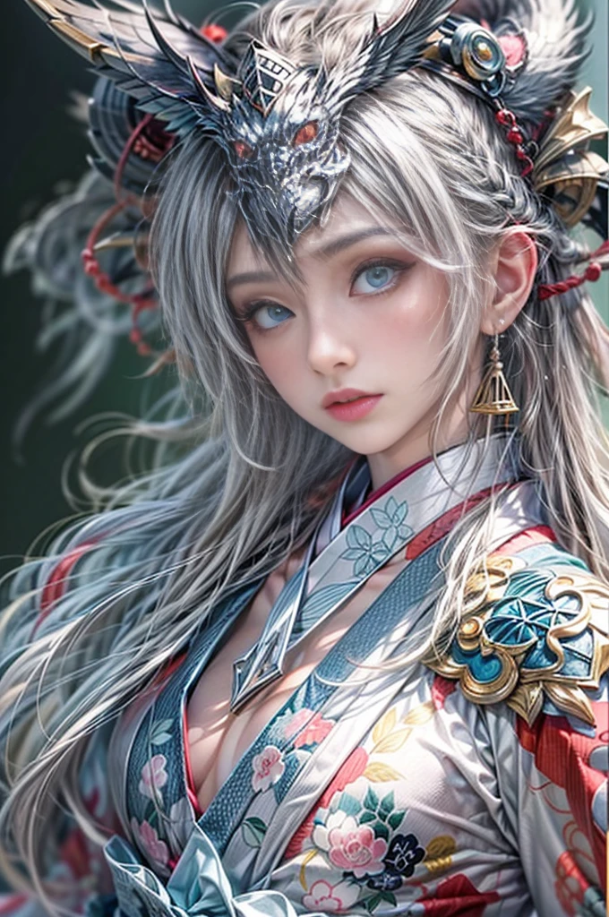 (Photoreal Stick:1.4, masutepiece:1..3, 8K), top-quality, ​masterpiece, 超A high resolution, Perfect dynamic composition, Professional camera work, Grow Light Effect, Mystical portrait, Cinematic Light, Highly detailed skin and facial texture:1.3, The ultra-detailliert, A detailed eye, (riding a silver dragon, carry a long noble staff), (myterious:1.3, Fanciful:1.2, tradition:1.2, legends:1.2, myth:1.2, majestueux:1.2), 1girl in, 25-years old, cute and sexy slim goddess, Fair skin, (A slight smil:0.9, Totally captivates you:1.0), (japanese kimono:1.3), (voluptuous breasts:0.9), (back shot beautiful blue eyes, Eyes that feel beautiful eros:0.85), Sexy face:0.4, (A mouthfeel that feels beautiful eros:0.85), ((Too cute beauty:0.9)), Fantastic background, Eliminate unnecessary hands