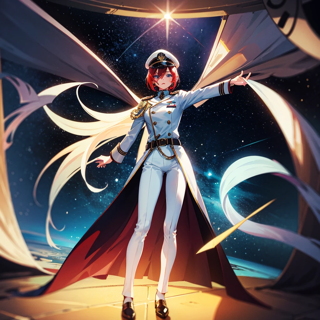 （（（​masterpiece）））、（（（Top image quality）））、（（（top-quality）））、（Illustration of one woman）、30-years old、（Viceroy）、（（Red-haired shorthair））、（Thin hair hanging down both sides of the face）、Blue eyes、（（Tall））、（（Muscle Woman、stocky build、muscular legs、broad shoulders、solid chest））、（（Military uniforms））、（（Military Cap））、（（Military coat））、（white  clothes）、（White pants）、（White cap）、trench coat、（（Inside the bridge of the space battleship））、（Outside the window、kosmos、Earth seen from space、Spaceport）