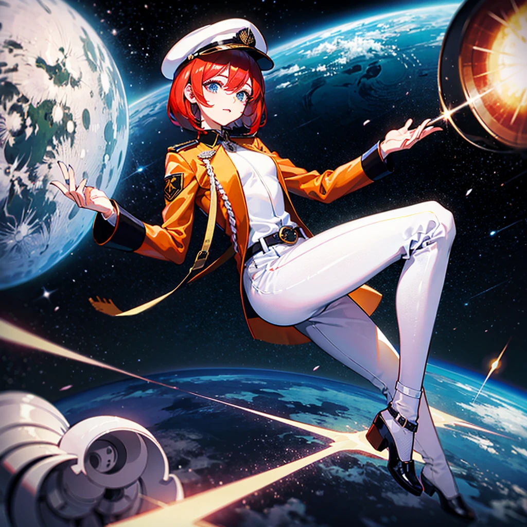 （（（​masterpiece）））、（（（Top image quality）））、（（（top-quality）））、（Illustration of one woman）、30-years old、（Viceroy）、（（Red-haired shorthair））、（Thin hair hanging down both sides of the face）、Blue eyes、（（Tall））、（（Muscle Woman、stocky build、muscular legs、broad shoulders、solid chest））、（（Military uniforms））、（（Military Cap））、（（Military coat））、（white  clothes）、（White pants）、（White cap）、trench coat、（（Inside the bridge of the space battleship））、（Outside the window、kosmos、Earth seen from space、Spaceport）