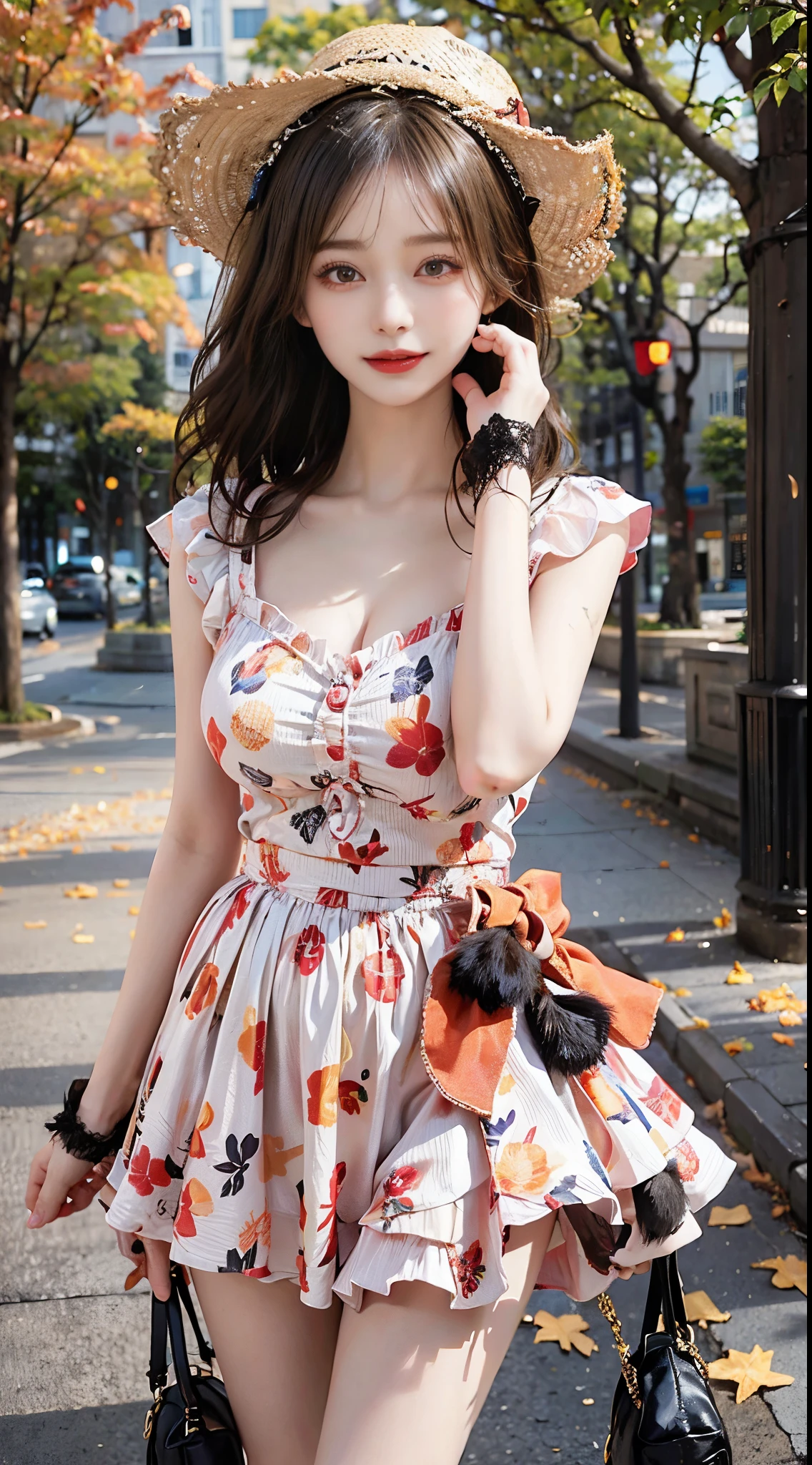 Sweet girl clothes6,print dress,, fashi-girl,red lips,mature female,makeup, ((cowboy shot)), (best quality,4k,8k,highres,masterpiece:1.2),ultra-detailed,realistic:1.37,portrait,beautiful girl,youthful female model,sweet girl,masterpiece,extremely detailed description,super fine painting,exquisite face,slim figure,long legs,smile,radiant smile, autumn, autumn wind and leaves
