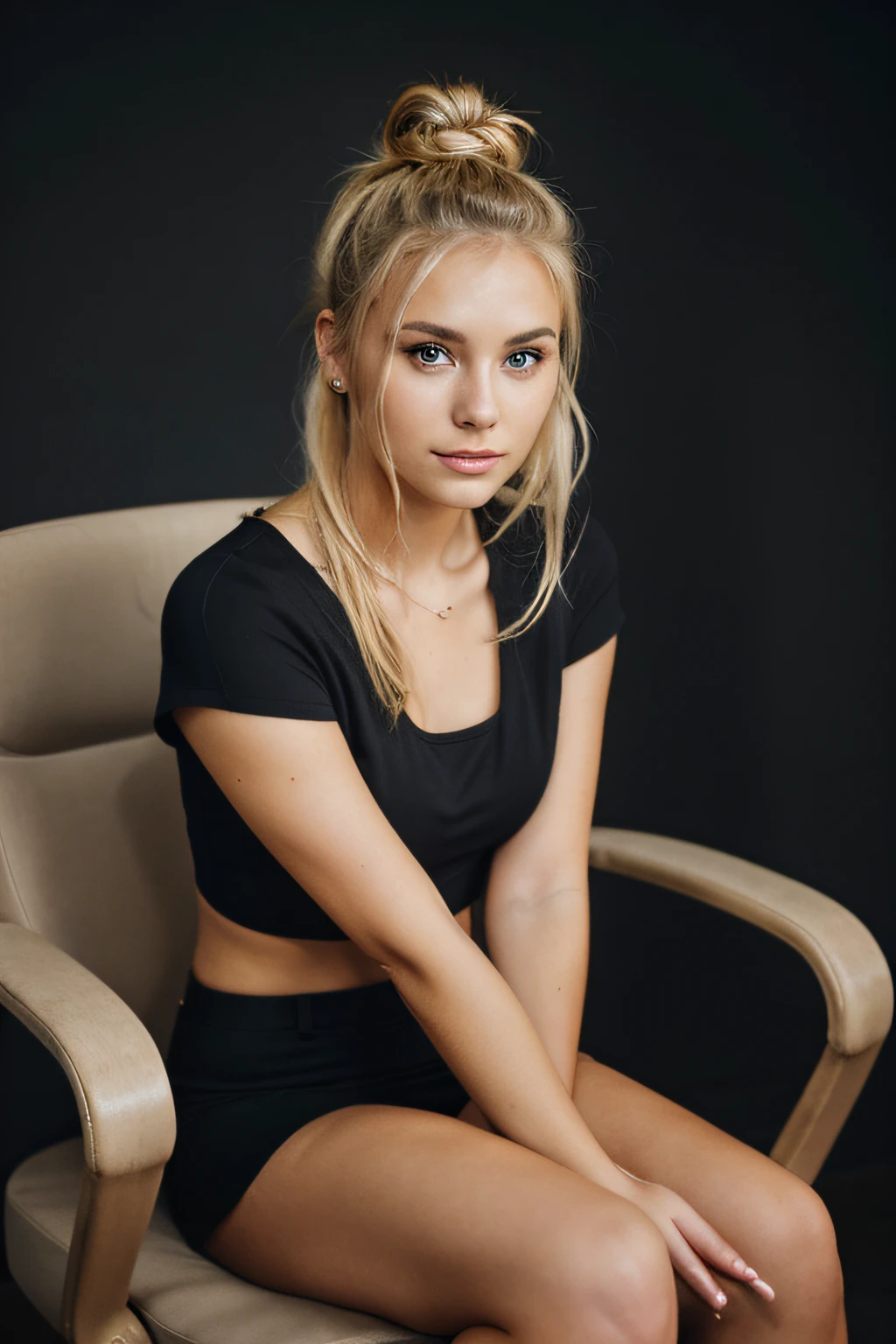 Blonde girl sitting on a chair with a bun of hair and a dark theme in high definition