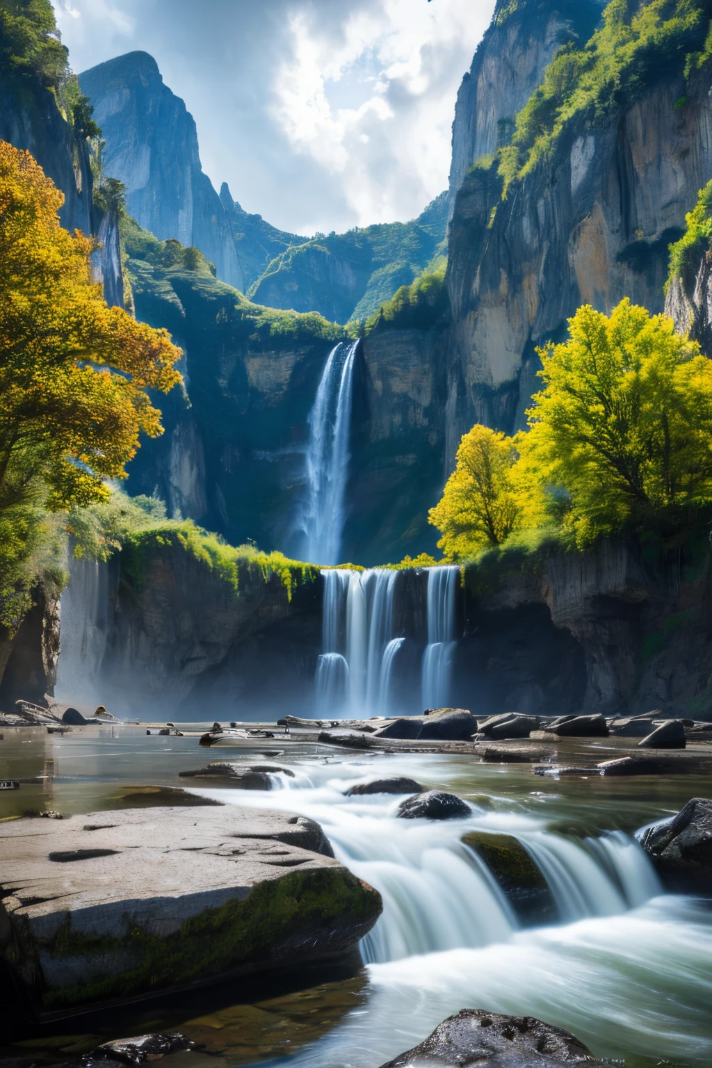 masutepiece, Best Quality, High quality, the Extremely Detailed CG Unity 8K Wallpapers, landscape, plein air, skyporn, cloud, skyporn, No humans, mont, landscape, Water, tree, Blue sky, Waterfall, cliff, Nature, lake, River , Cloudy skies, awardwinning photo, Bokeh, depth of fields, nffsw, bloom, chromatic abberation, Photorealism, Very detailed, Trending on ArtStation, Trending on CGSociety, Convoluted, high detailing, Dramatic, midjourney art