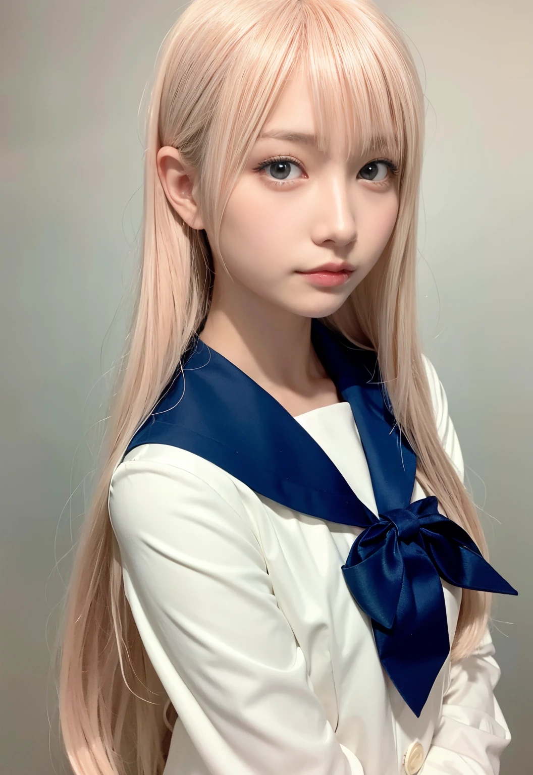 bust shot, sailor suit, uniform, very beautiful beautiful girl, shiny dazzling glossy white beautiful skin, beautiful bangs, very long and straight silky beautiful platinum blonde, super long straight hair, eyeliner, beautiful shining clear big blue eyes