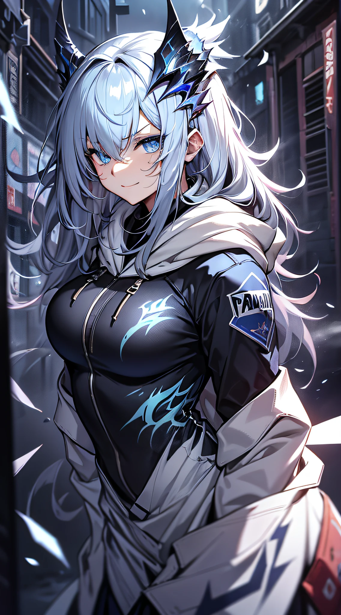 top-quality、Top image quality、masterpiece、teens girl((Black underwear、White hoodie with open chest、Black skirt、18year old、 Ager、Best Bust、big bast,Beautiful light blue eyes, Long silver hair、A slender,Large valleys、Reflecting the whole body、Leaning forward、Hold Sword、Wearing a hood、A slight smil、tension、、Sweating、take a cautious stance、Cuts on the face、I have a stun gun、blue dragon tattoo on face、fighting poses)),hiquality、Beautiful Art、Background with((snow blowing、Ruins、survival、draw graffiti on the wall、natta))masterpiece、depth of fields,