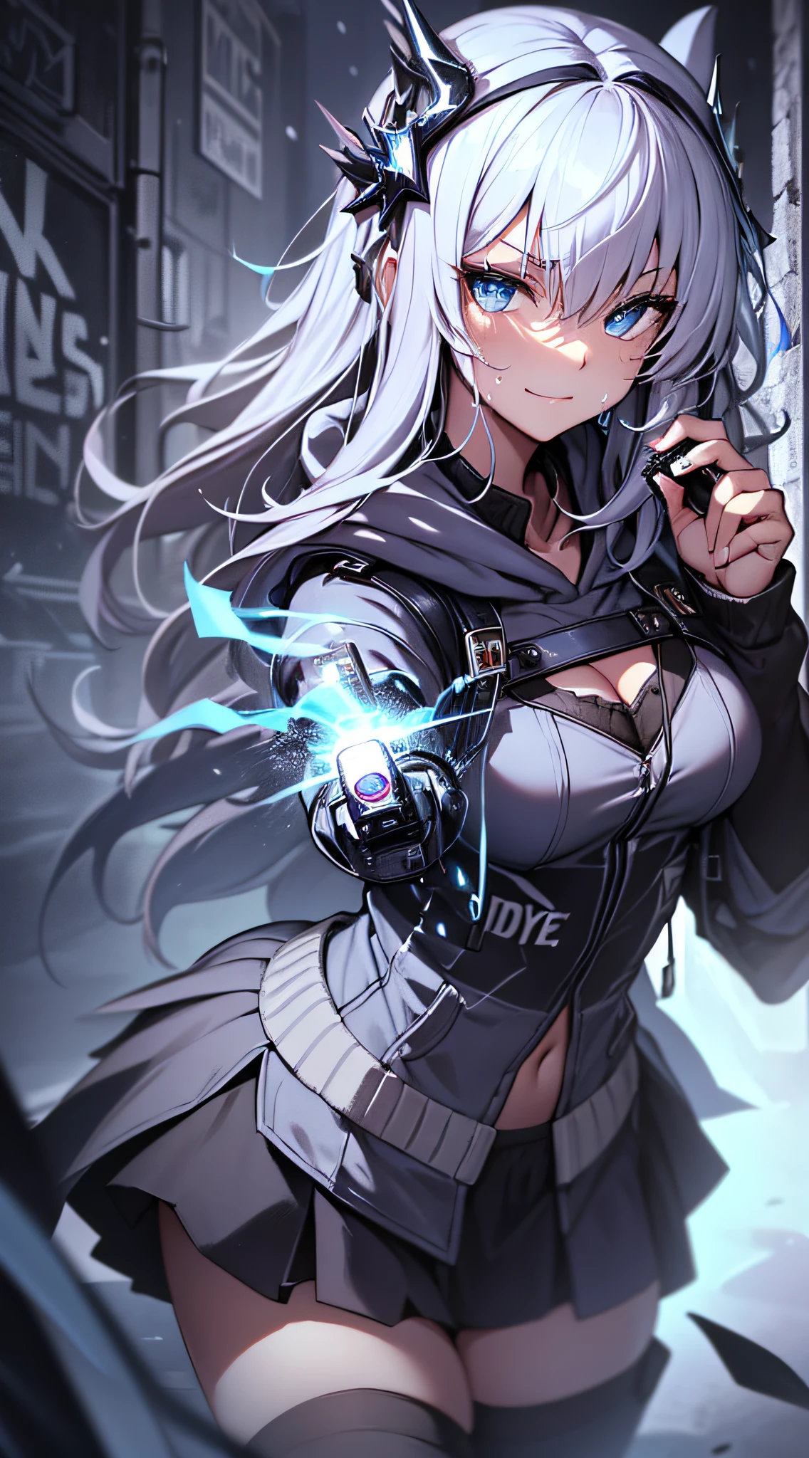top-quality、Top image quality、masterpiece、teens girl((Black underwear、White hoodie with open chest、Black skirt、18year old、 Ager、Best Bust、big bast,Beautiful light blue eyes, Long silver hair、A slender,Large valleys、Reflecting the whole body、Leaning forward、Hold Sword、Wearing a hood、A slight smil、tension、、Sweating、take a cautious stance、Cuts on the face、I have a stun gun、blue dragon tattoo on face、fighting poses)),hiquality、Beautiful Art、Background with((snow blowing、Ruins、survival、draw graffiti on the wall、natta))masterpiece、depth of fields,