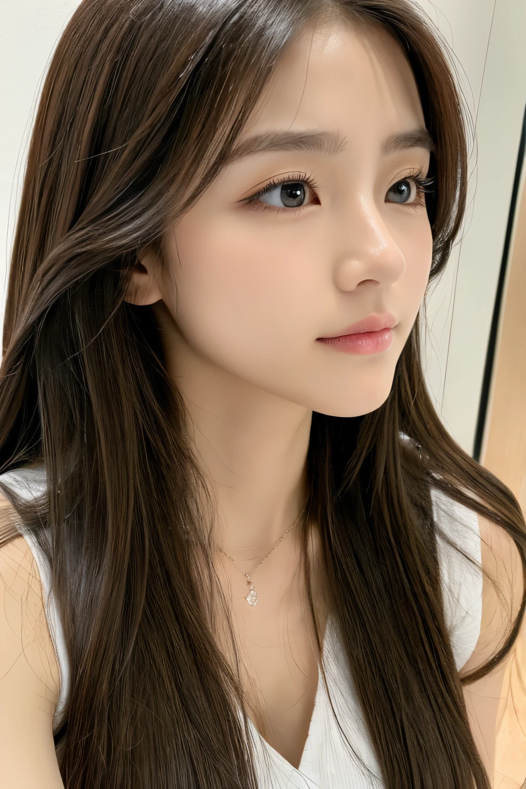 Beauty, Hidden Face, 1 girl, Beauty: 1.3, Slender Abs: 1.1, camisole vest, Long Brunette Hair, (Sitting on the bed), Ultra-detailed face, very detailed lips, Detailed eyes, Double eyelids