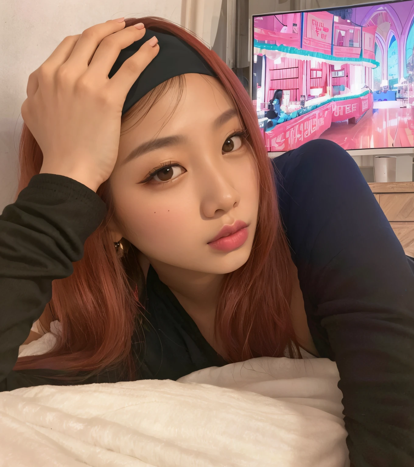 there is a woman lying on a bed with a bandana, jossi do blackpink, Dom Yunjoo, Parque Roseanne do Blackpink, menina coreana, Retrato de Jossi de Blackpink, Heonhwa Choe, Jisoo do Blackpink, jisoo do blackpink, jennie blackpink, Ulzzang, tzuyu de duas vezes, Parque Ji-min, a young asian woman