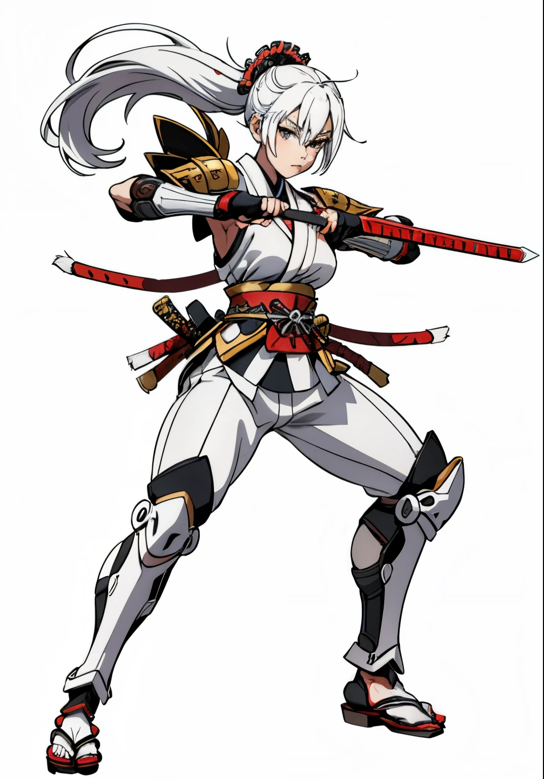 Cute girl, She wears ancient Japanese samurai armor, Tied hair, full body, White background, Combat stance, white hair