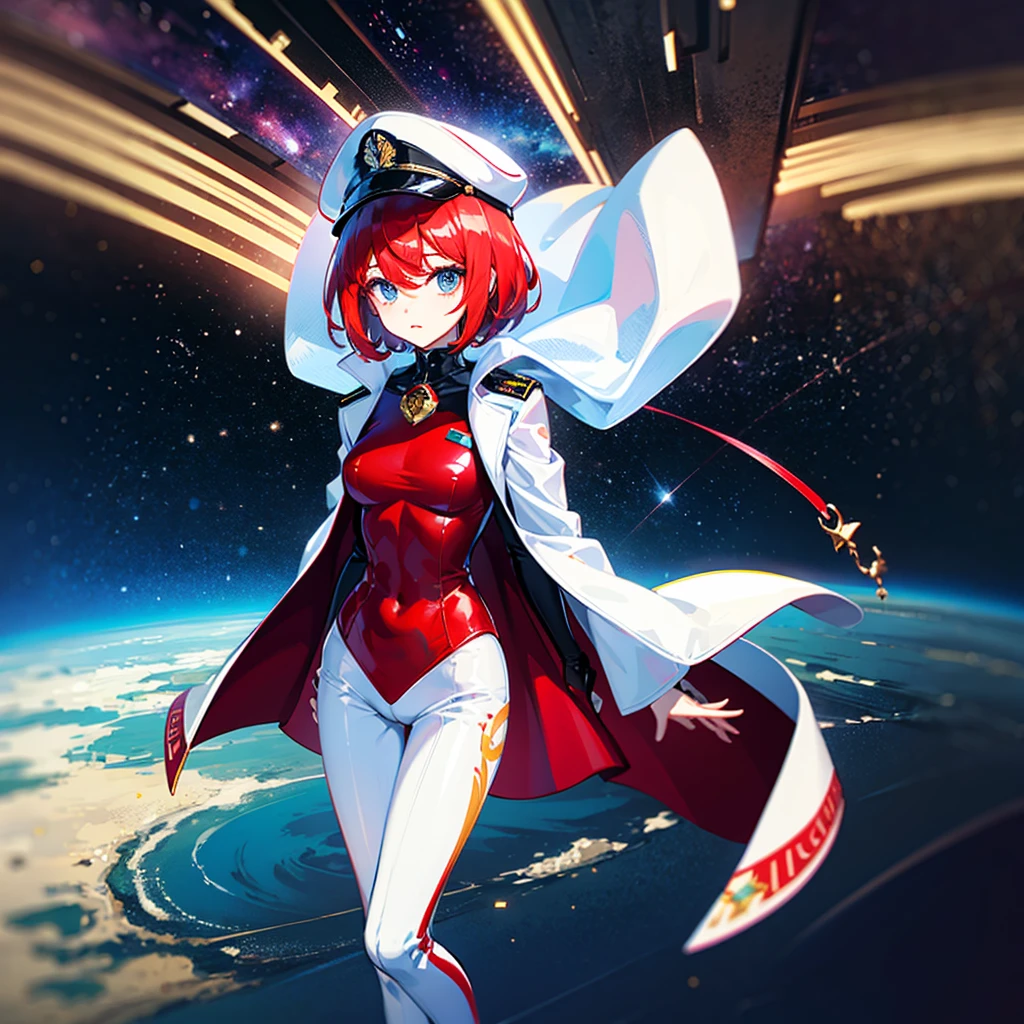 （（（​masterpiece）））、（（（Top image quality）））、（（（top-quality）））、（Illustration of one woman）、30-years old、（Viceroy）、（（Red-haired shorthair））、（Thin hair hanging down both sides of the face）、Blue eyes、（（Tall））、（（Muscle Woman、stocky build、muscular legs、broad shoulders、solid chest））、（（Military uniforms））、（（Military Cap））、（（Military coat））、（white  clothes）、（White pants）、（White cap）、trench coat、（（Inside the bridge of the space battleship））、（Outside the window、kosmos、Earth seen from space、Spaceport）