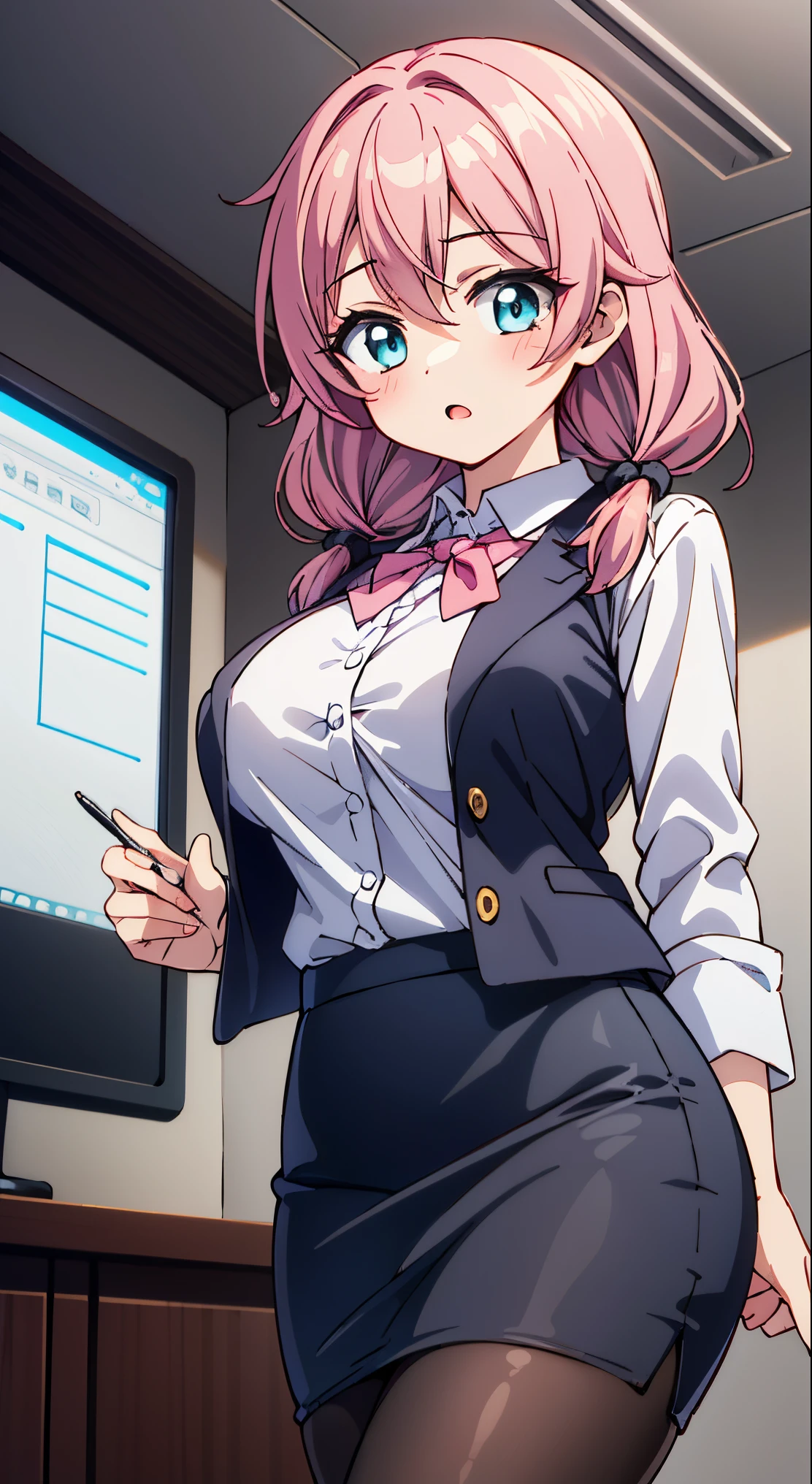 short beautiful young adult women, fox girl, chubby, plus size, tan skin, blue eyes, freckles all over body, short pixie cut hair, messy hair, pink hair, big round glasses,medium breasts, (shiny skin), solo, rating:questionable, indoors, thicc, thick thighs, office work, business casual, dressed in business casual,