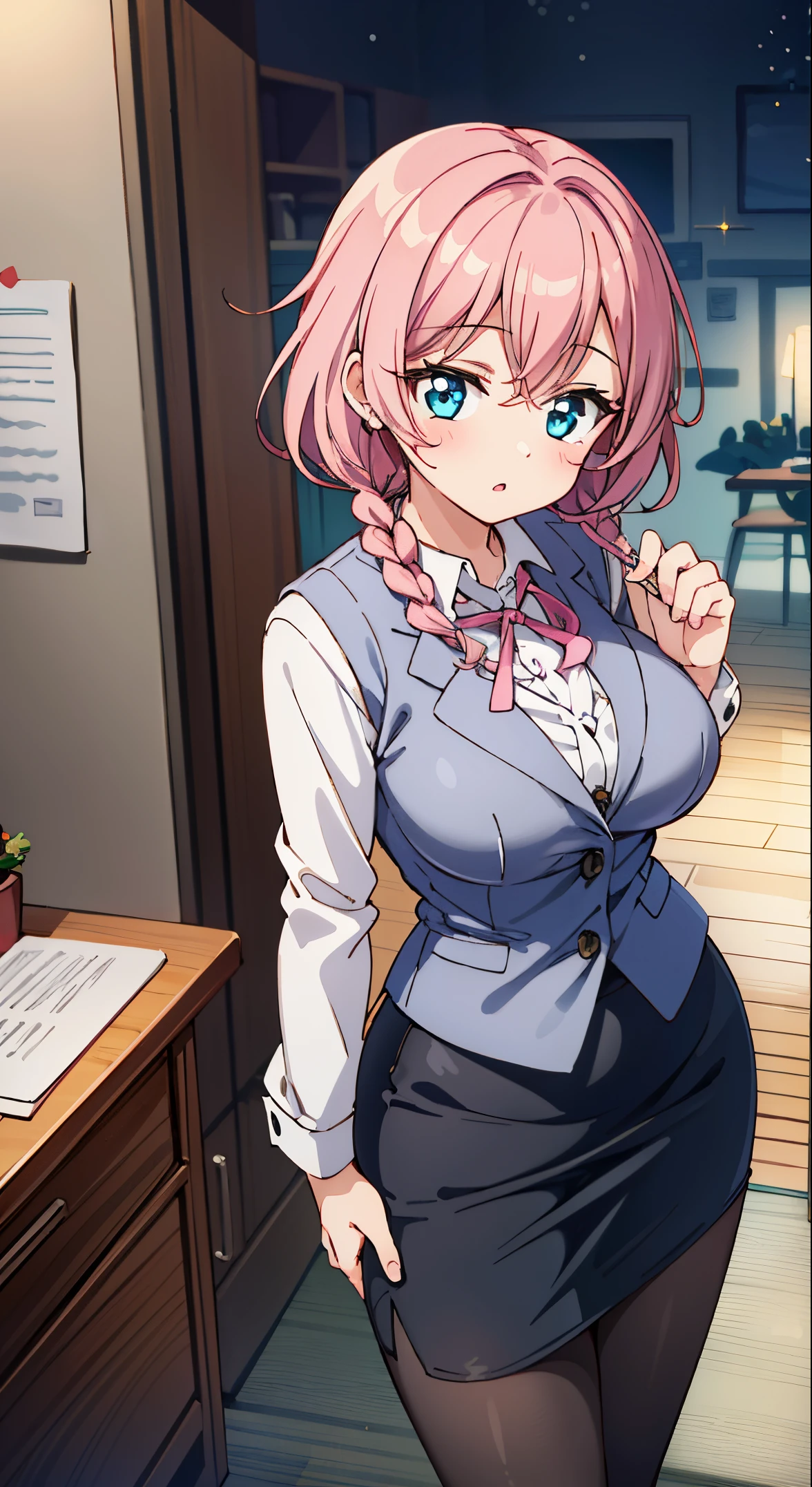 (masutepiece, Best Quality, Perfect Anatomy, High quality:1.4), nice hand, Perfect hands, Detailed beautiful hands, Large_filesize, fulcolor, hight resolution, symmetric, exceptional, Best aesthetic, newest, Anime, very beautiful detailed body,The hair,faces,The eye,BREAK,



1 beautiful girl, (17 years old girl),Solo,(Cute:1.5),(Chibi:0.6),(kawaii:1.5),(Lori:0.5),BREAK,(17 years old girl), 1 beautiful girl,Very detailed,colourfull,highest details,Clear skin,Beautiful skin,Shy,Very detailed,colourfull,highest details,BREAK,Clear skin,Beautiful skin,Shy skin,BREAK,{Heterochromia,blue eyess,Green eyes,PUPILS SPARKLING:1.9},star eye silhouette,BREAK,(Pink hair, Medium length:1.4),(Twin braids,A little curly hair,Princess Cut, crossed bangs:1.3),(Big breasts,Beautiful breasts,Large breasts:1.5),(long eyelashes, Double eyelids:1.2),Solo,gleaming skin, Clear skin, Beautiful skin,(best quality face),(Top quality glowing eyes),(Doya face,brave face:1.45) ,  BREAK,

【pronpt】
＜Quality Improvement Prompt＞
＜Character appearance、Background and other prompts REAK (white and gray theme:1.3), (wearing in [[white and gray check pattern]] Vest worn over white collared long-sleeved shirt:1.4), (gray vest with buttons:1.2),
BREAK (Pink Theme:1.2), (pink ribbon bow:1.3),
BREAK (Black theme:1.4), (Tight black pencil skirt:1.5), (pantyhose:1.3), (high-heels:1.1),

BREAK ,(Office, desk work, whiteboard, sofa, buildings from window,Makuboku computer,
(upward looking gaze :1.2) ,
Looking Up ,
From  above ,depth of fields,

 BREAK,wakame,wakame,wakame,(Cowboy Shot:1.4), 

BREAK,(Blurry background:1.3),(absurderes, hight resolution, Super Detail Art),cel shading,Clear Color, Lonely optical effect, Beautiful pictures, Bright glow, mystic atmosphere,(Close-up of girl:1.1), Mystical light particle effect,manga influence, clean line drawings,