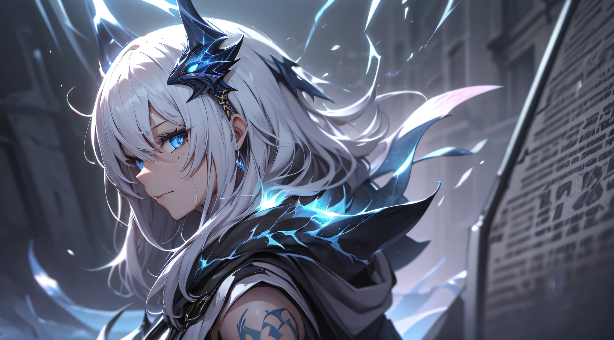 top-quality、Top image quality、masterpiece、s girl((Black underwear、White hoodie with open chest、Black skirt、18year old、 Ager、Best Bust、big bast,Beautiful light blue eyes, Long silver hair、A slender,Large valleys、Reflecting the whole body、Leaning forward、Hold Sword、Wearing a hood、A slight smil、tension、、Sweating、take a cautious stance、Cuts on the face、I have a stun gun、blue dragon tattoo on face、fighting poses)),hiquality、Beautiful Art、Background with((snow blowing、Ruins、survival、draw graffiti on the wall、natta))masterpiece、depth of fields,