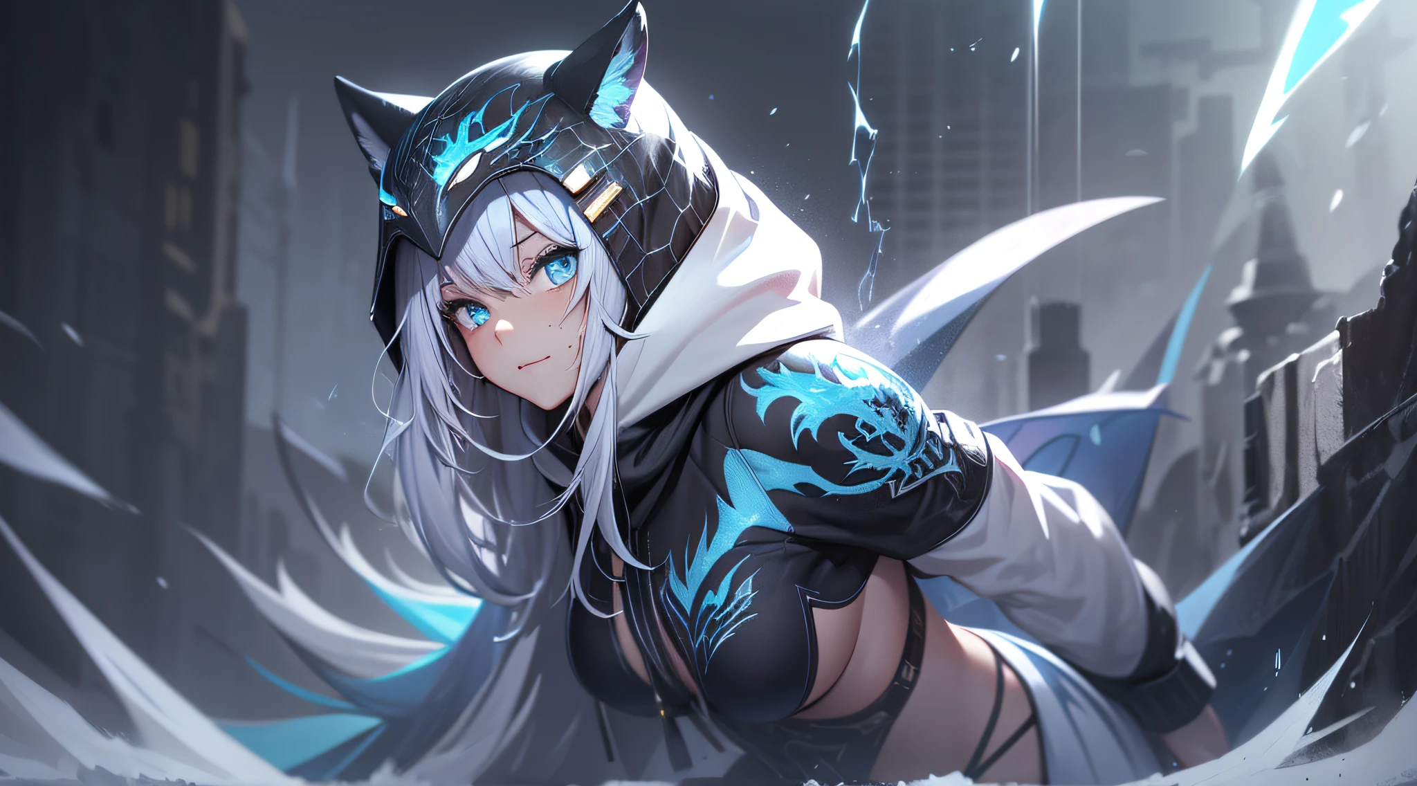 top-quality、Top image quality、​masterpiece、teens girl((Black underwear、White hoodie with open chest、Black skirt、18year old、 Ager、Best Bust、big bast,Beautiful light blue eyes, Long silver hair、A slender,Large valleys、Reflecting the whole body、Leaning forward、Hold Sword、Wearing a hood、A slight smil、tension、、Sweating、take a cautious stance、Cuts on the face、I have a stun gun、blue dragon tattoo on face、fighting poses)),hiquality、Beautiful Art、Background with((snow blowing、Ruins、survival、draw graffiti on the wall、natta))​masterpiece、depth of fields,