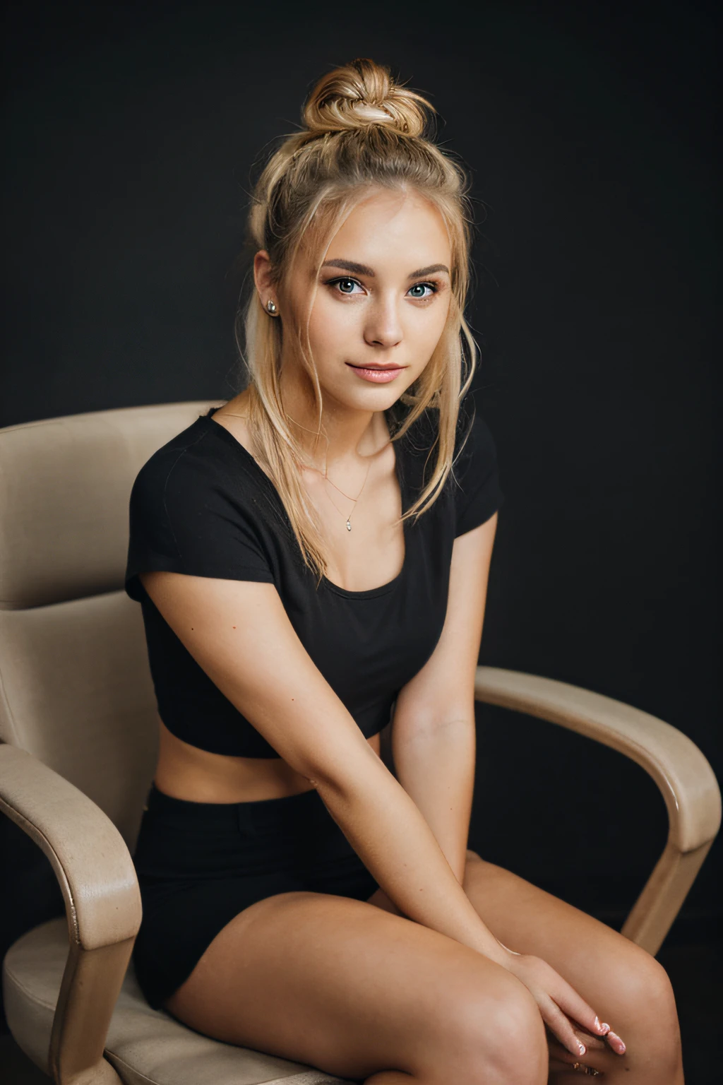 Blonde girl sitting on a chair with a bun of hair and a dark theme in high definition