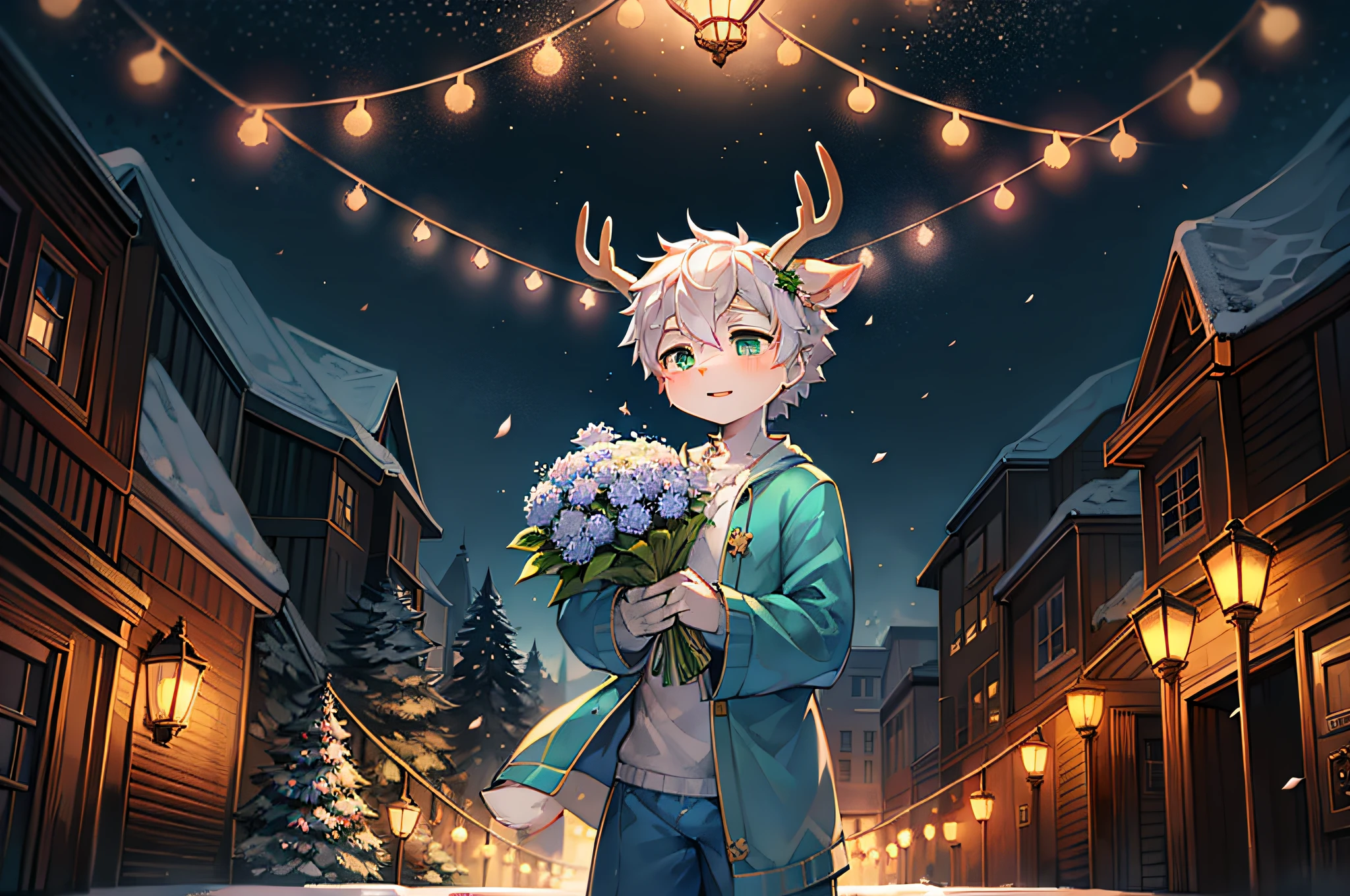 A white deer，Wearing blue pajamas，light green decoration，Green-eyed，deer antlers，wear a flower on your head，Holding a big bouquet of blue flowers，natta，falling flower petals，Peach blossom tree，Oyuki，blanketed in a mantle of snow，shota，lovely boy，white color hair，natta，starrysky，stars shining bright，Crystal pupils，Christmas tree，lamplight，looking at viewert，touched，holding flower bouquet，Warm starlight，falling flower petals，petals，Peach blossom tree，White petals