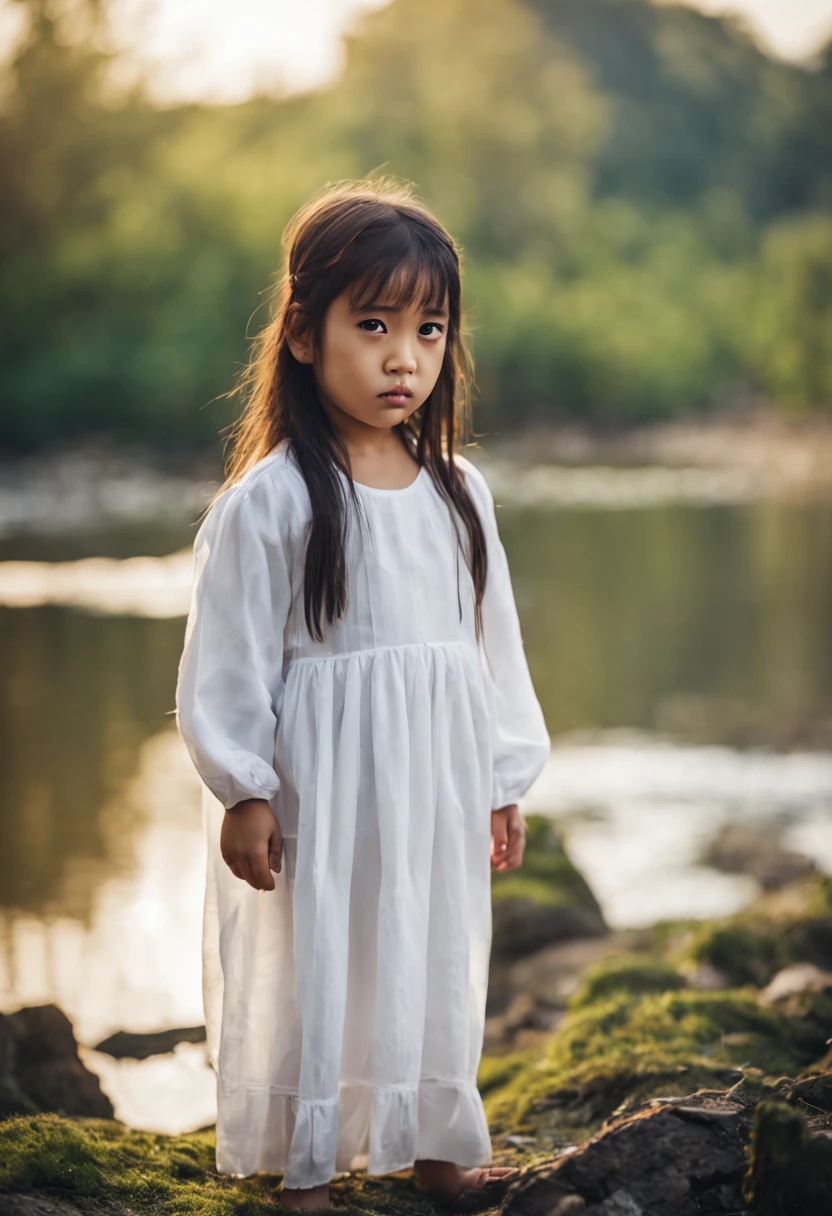 In the middle of the Amazon jungle, uma menina, 10 anos, Beautiful, brasileiro, Branco, sujo, indefeso, soio, vestido branco sujo e usado, in the background a forest fire, Serious expression, fotografia hiper-realista, High level of detail and resolution