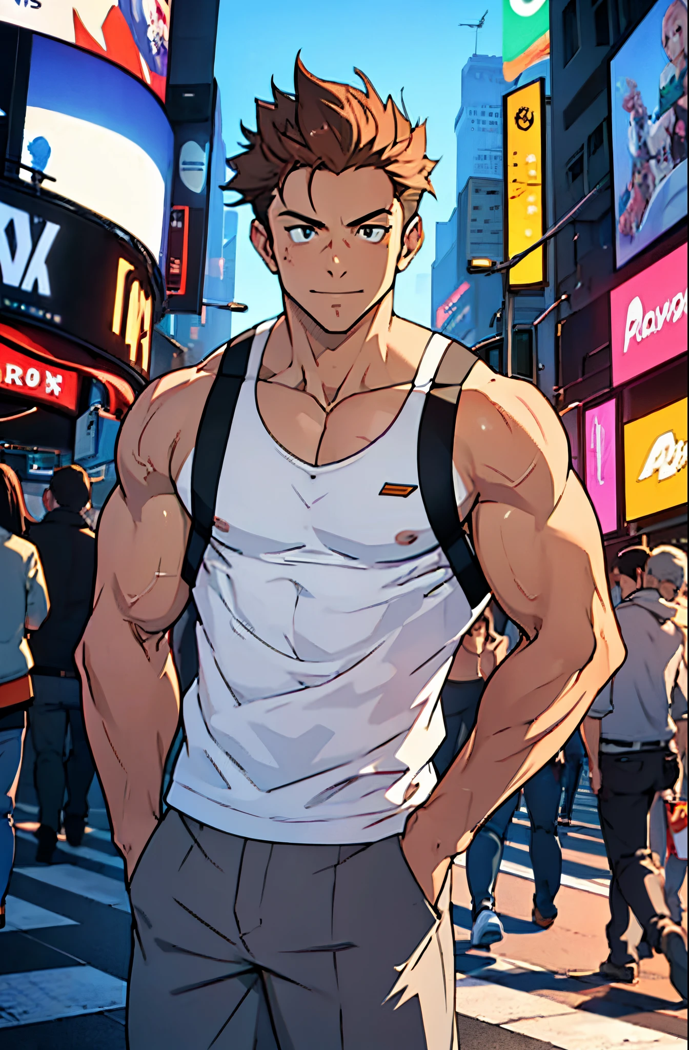 A mais alta qualidade, 8K, image high resolution, Detailed strokes, no meio de uma avenida movimentada estilo Times Square, inverno, apoiado em um dos postes, adolecente, lion men, wearing a tank top , masculo, chest a little tight in the jacket, (angulo de baixo), pernas definidas, defined arms, abdomen definido, com a camisa,