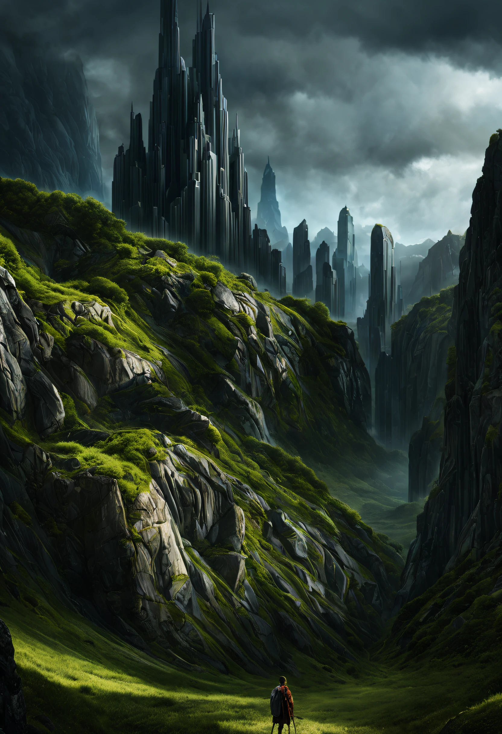 create a digital matte painting of a giant rocky forest for a sci-fi movie set with giant skyscrapers next to ancient stone temples embedded in the tall forest rocks ,in the sky of this illustration, um astronauta masculino com uniforme branco voa com o foguete suitpac nas costas e voa baixo perto do solo, em frente a uma escadaria gigante de um templo, Detailed and realistic close-up of a field full of red flower buds on the green grass ground next to a path next to the green grass towards the large metropolis situated in the background of the scene against the background of a blue sky with white 3D clouds, ultra realism in the matte painting cinematography of the illustration based on the matte painting art of artist Albert Whitlock