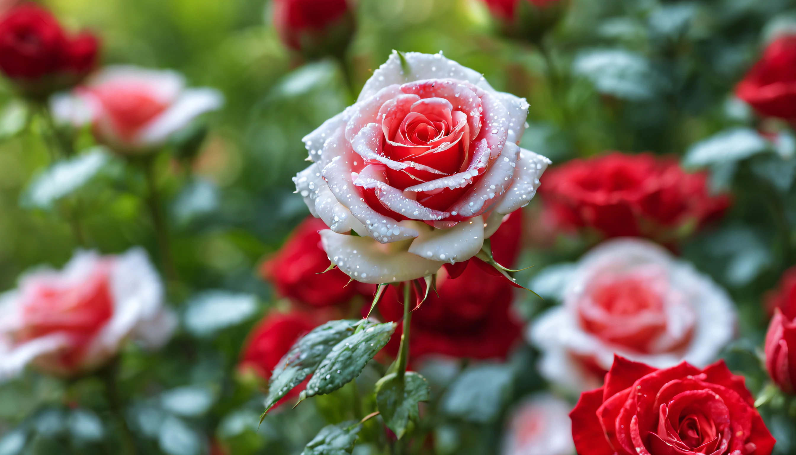 Many red and white color rose flowers in the garden and sunlight with bokeh, dew drops on flower petalasterpiece, ultra quality, high resolution, 8k, intricate: 1.2), (masterpiece), (best quality:1)