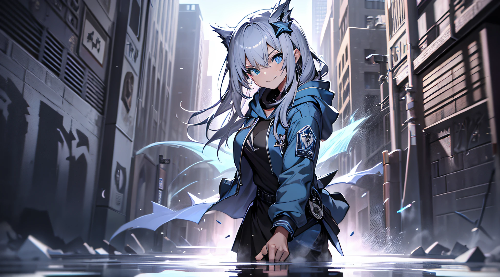 top-quality、Top image quality、masterpiece、teens girl((Black underwear、White hoodie with open chest、Black skirt、18year old、 Ager、Best Bust、big bast,Beautiful light blue eyes, Long silver hair、A slender,Large valleys、Reflecting the whole body、Leaning forward、Hold Sword、Wearing a hood、A slight smil、tension、、Sweating、take a cautious stance、Cuts on the face、I have a stun gun、blue dragon tattoo on face、fighting poses)),hiquality、Beautiful Art、Background with((snow blowing、Ruins、survival、draw graffiti on the wall、natta))masterpiece、depth of fields,
