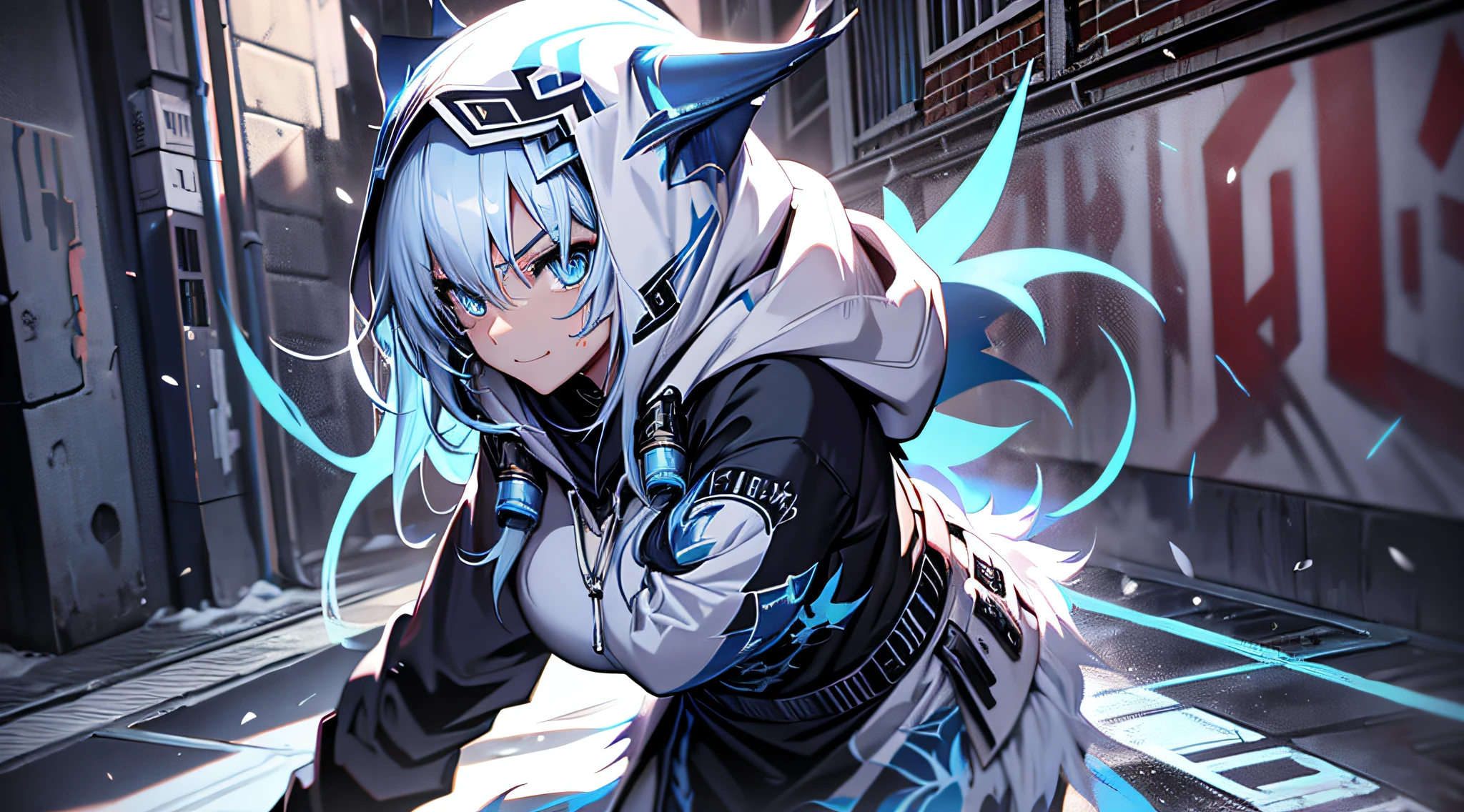 top-quality、Top image quality、​masterpiece、teens girl((Black underwear、White hoodie with open chest、Black skirt、18year old、 Ager、Best Bust、big bast,Beautiful light blue eyes, Long silver hair、A slender,Large valleys、Reflecting the whole body、Leaning forward、Hold Sword、Wearing a hood、A slight smil、tension、、Sweating、take a cautious stance、Cuts on the face、I have a stun gun、blue dragon tattoo on face、fighting poses)),hiquality、Beautiful Art、Background with((snow blowing、Ruins、survival、draw graffiti on the wall、natta))​masterpiece、depth of fields,