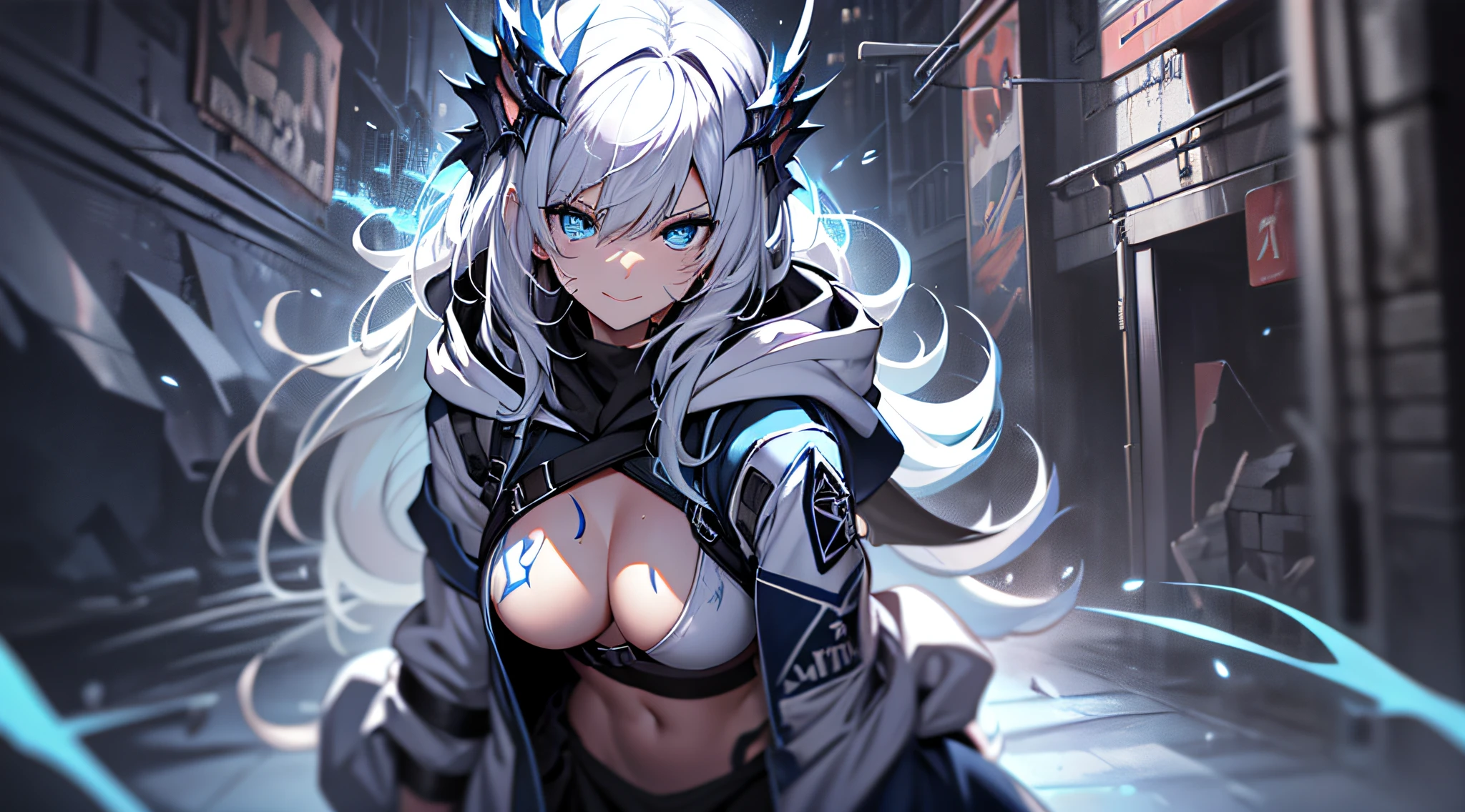 top-quality、Top image quality、​masterpiece、s girl((Black underwear、White hoodie with open chest、Black skirt、18year old、 Ager、Best Bust、big bast,Beautiful light blue eyes, Long silver hair、A slender,Large valleys、Reflecting the whole body、Leaning forward、Hold Sword、Wearing a hood、A slight smil、tension、、Sweating、take a cautious stance、Cuts on the face、I have a stun gun、blue dragon tattoo on face、fighting poses)),hiquality、Beautiful Art、Background with((snow blowing、Ruins、survival、draw graffiti on the wall、natta))​masterpiece、depth of fields,