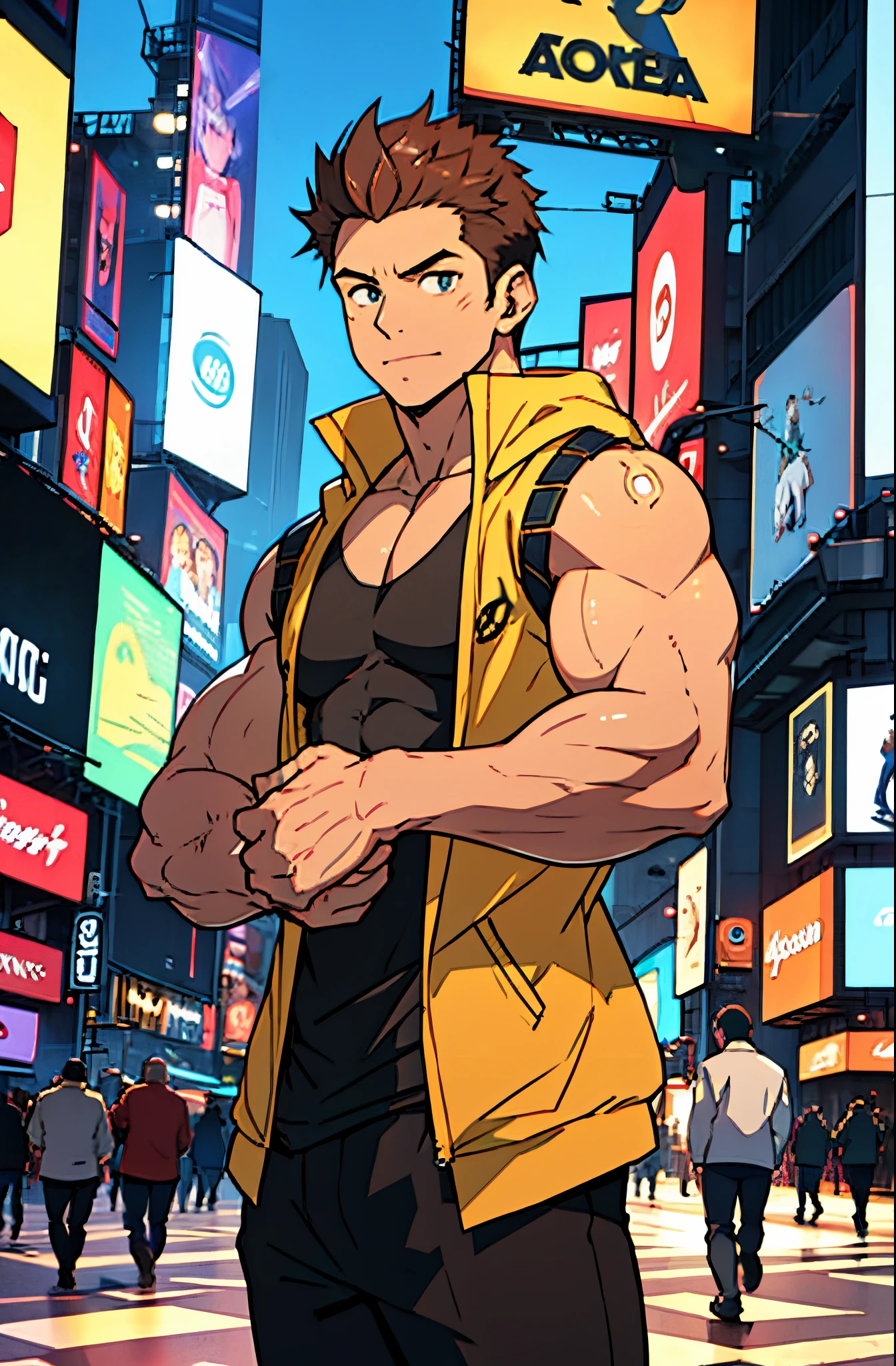 A mais alta qualidade, 8K, image high resolution, Detailed strokes, no meio de uma avenida movimentada estilo Times Square, inverno, apoiado em um dos postes, adolecente, lion men, wearing a tank top , masculo, chest a little tight in the jacket, (angulo de baixo), pernas definidas, defined arms, abdomen definido, com a camisa,