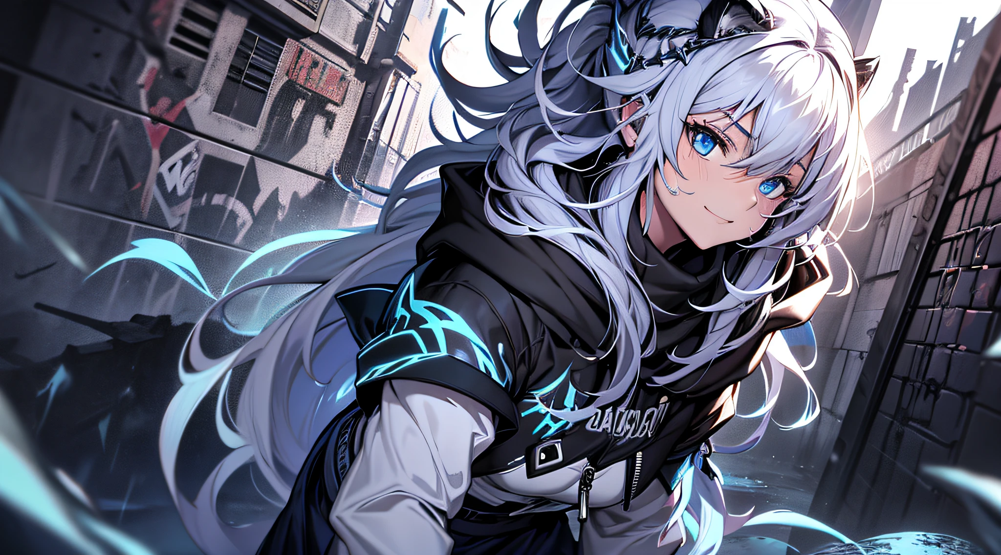 top-quality、Top image quality、masterpiece、teens girl((Black underwear、White hoodie with open chest、Black skirt、18year old、 Ager、Best Bust、big bast,Beautiful light blue eyes, Long silver hair、A slender,Large valleys、Reflecting the whole body、Leaning forward、Hold Sword、Wearing a hood、A slight smil、tension、、Sweating、take a cautious stance、Cuts on the face、I have a stun gun、blue dragon tattoo on face、fighting poses)),hiquality、Beautiful Art、Background with((snow blowing、Ruins、survival、draw graffiti on the wall、natta))masterpiece、depth of fields,