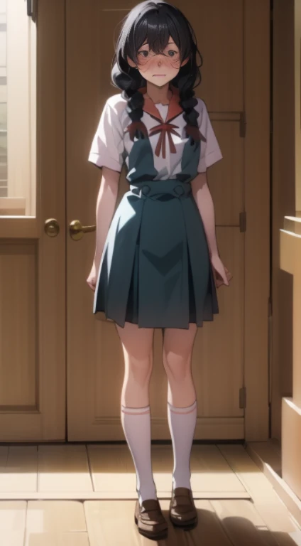 Stema Peace、 (nose blush, Naughty, half opened eye, ), [Full body shot]、Full body shot,body piercings,Large open legs、Head-to-toe shots、hanekawa tsubasa、her black hair is tied into two braids、eye glass、Colossal tits、Wearing white socks、