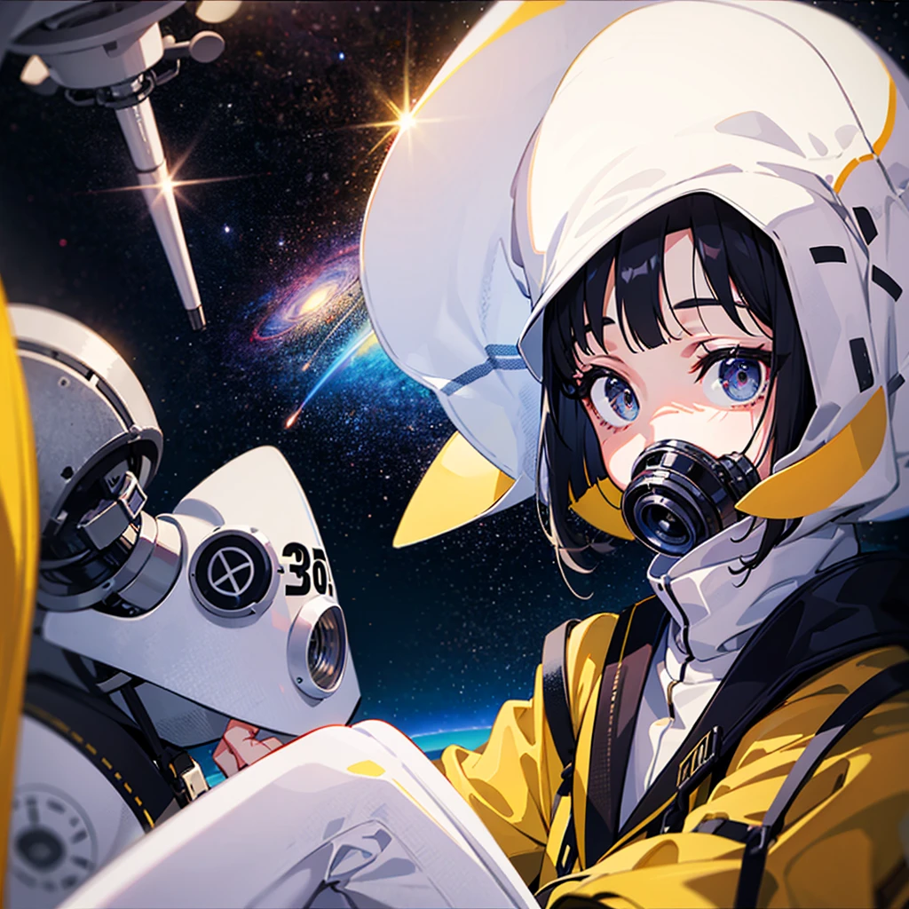 (((masterpiece)))、(((Top image quality)))、(((top-quality)))、(Illustration of one woman)、full bodyesbian、30-years old、(Viceroy)、Black hair bob cut、((Face covering gas mask))、Gray eyes、((Tall))、((huge tit))、((Military uniforms))、((Military Cap))、((Military coat))、(white clothes)、(White pants)、(White cap)、trench coat、((Inside the spaceship、Sitting in the captain's seat))、(Outside the window、kosmos、Earth seen from space、Spaceport)