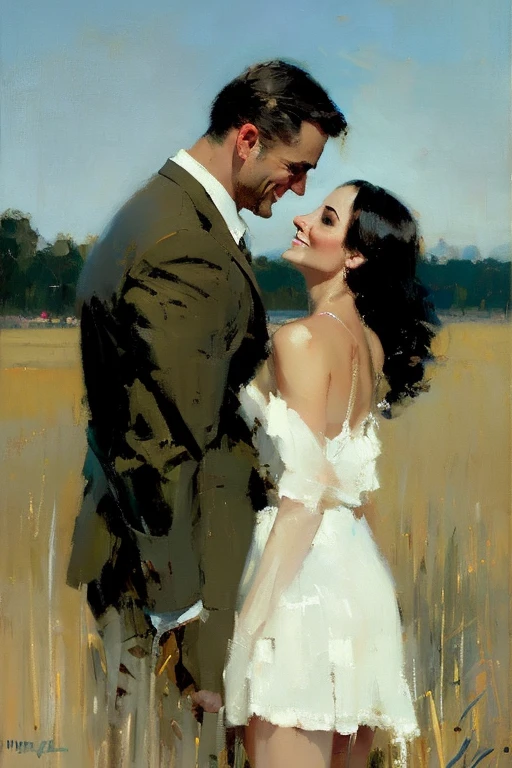 oil illustration by artist (Jeremy Mann:0.8) and Edwin Georgi, man (smirk:1.2) and (1girl) facing each other, t-shirt, dress, erotic tension, danger, fence, dusk country field americana, (cinematic composition, distant, low angle), highly detailed, masterpiece, high quality, intricate, professional, award-winning, highest quality, polished