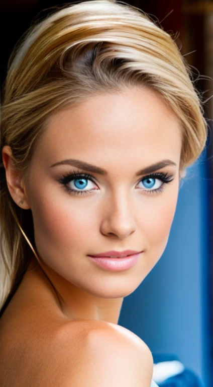 Beautiful blonde woman with sexy appearance and big blue eyes, Cute natural makeup, Realistic, Concept art, elegant, Highly detailed, Complex, sharp-focus, Depth of field, f/1. 8, 85 mm, Mid, Mid, (professional colour grading)), Clear Focus, Bright soft diffused light, (volumetric fog), Popular on Instagram, HDR 4K, 8K, fat