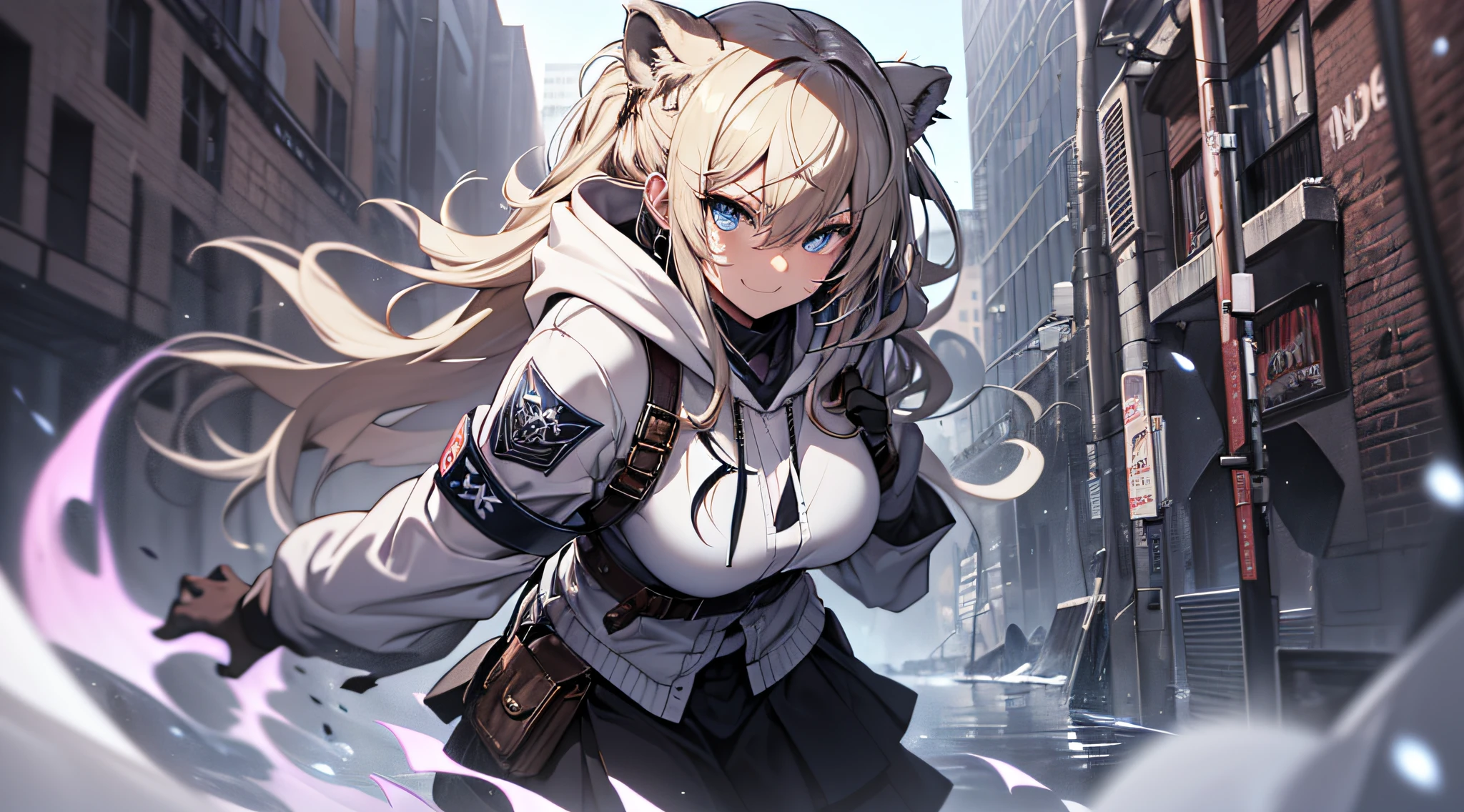 top-quality、Top image quality、masterpiece、s girl((Black underwear、White hoodie with open chest、Black skirt、18year old、 Ager、Best Bust、big bast,Beautiful light blue eyes, Long Blonde Hair、A slender,Large valleys、Reflecting the whole body、Leaning forward、Hold Sword、Wearing a hood、A slight smil、tension、、Sweating、take a cautious stance、Cuts on the face、I have a stun gun、golden lion tattoo on face、fighting poses)),hiquality、Beautiful Art、Background with((snow blowing、Ruins、survival、draw graffiti on the wall、natta))masterpiece、depth of fields,