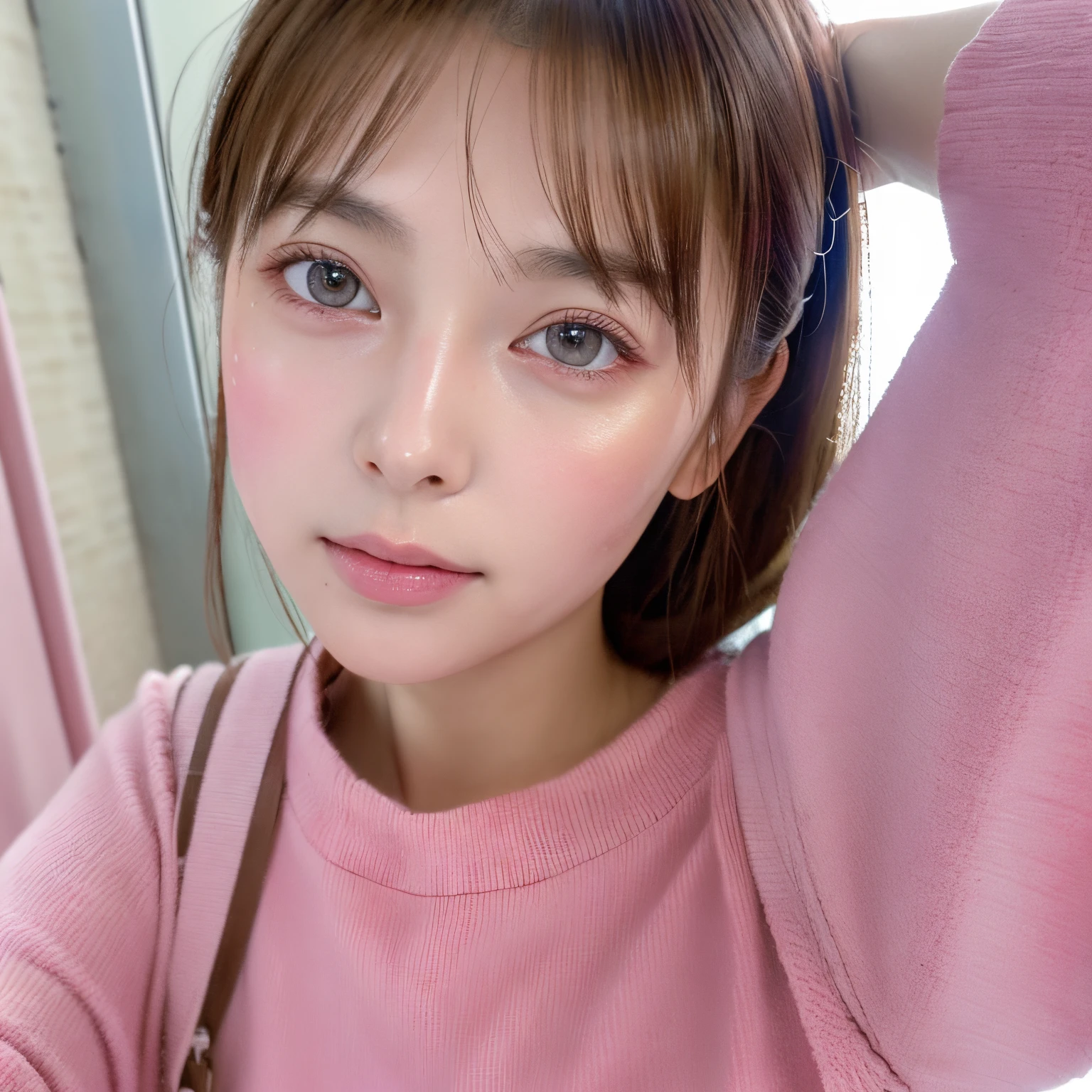 8K Best Quality, masutepiece, Ultra High Resolution, (Realism: 1.4), Original photo, (Realistic skin texture: 1.3), (Film grain: 1.3), (Selfie angle), 1 girl, Pink clothes, Sapphire colored eyes and beautiful facial details, masutepiece, Best Quality, close up,  barechested