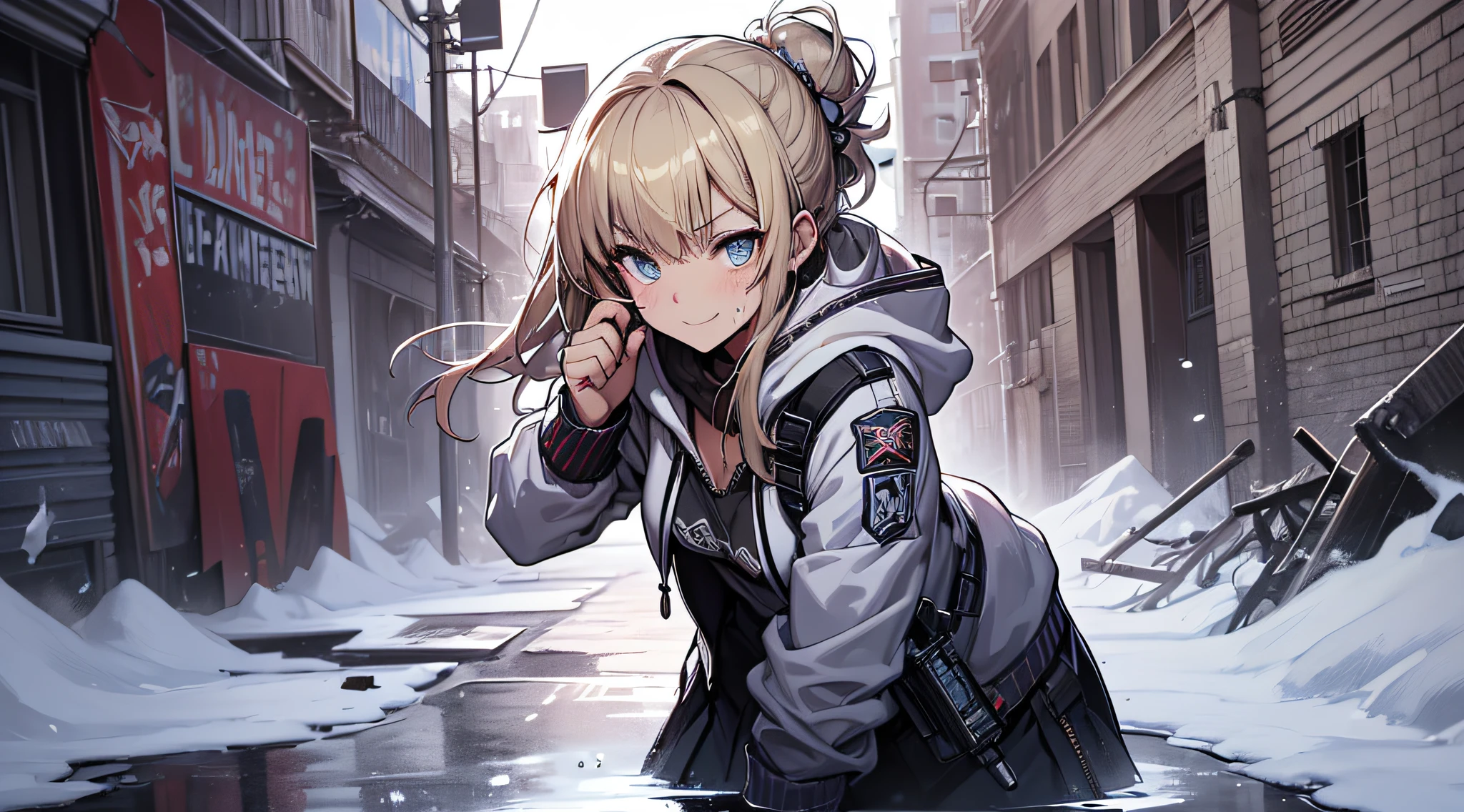 top-quality、Top image quality、masterpiece、teens girl((Black underwear、White hoodie with open chest、Black skirt、18year old、 Ager、Best Bust、big bast,Beautiful light blue eyes, Long Blonde Hair、A slender,Large valleys、Reflecting the whole body、Leaning forward、Hold Sword、Wearing a hood、A slight smil、tension、、Sweating、take a cautious stance、Cuts on the face、I have a stun gun、golden lion tattoo on face、fighting poses)),hiquality、Beautiful Art、Background with((snow blowing、Ruins、survival、draw graffiti on the wall、natta))masterpiece、depth of fields,