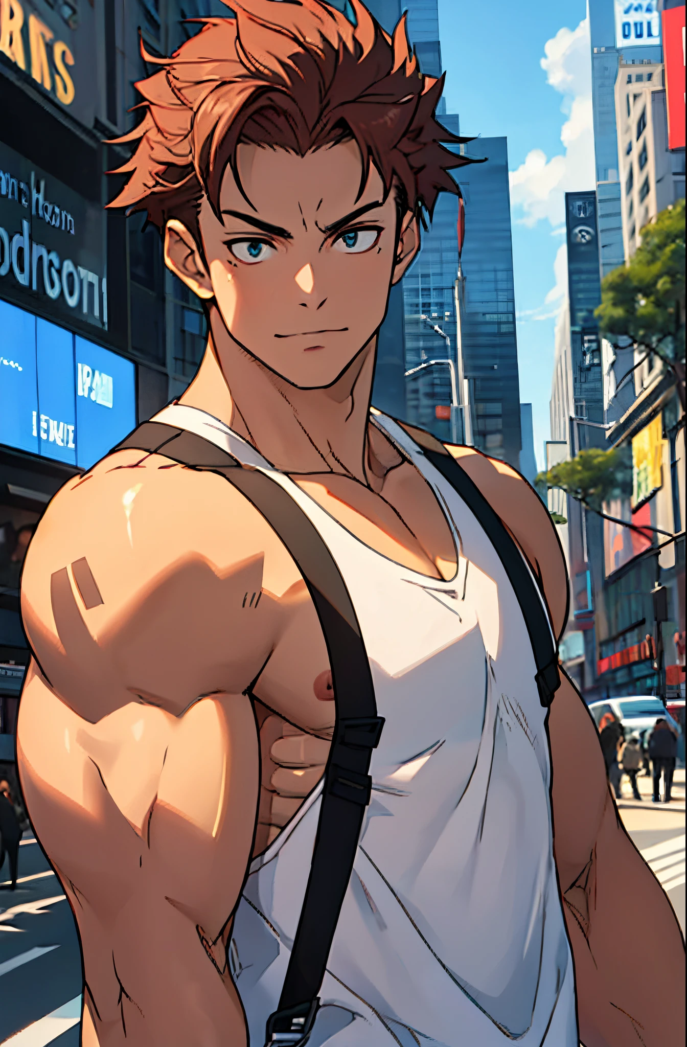 A mais alta qualidade, 8K, image high resolution, Detailed strokes, no meio de uma avenida movimentada estilo Times Square, inverno, apoiado em um dos postes, adolecente, lion men, wearing a tank top , masculo, chest a little tight in the tank top , (angulo de baixo), pernas definidas, defined arms, abdomen definido, com a camisa,