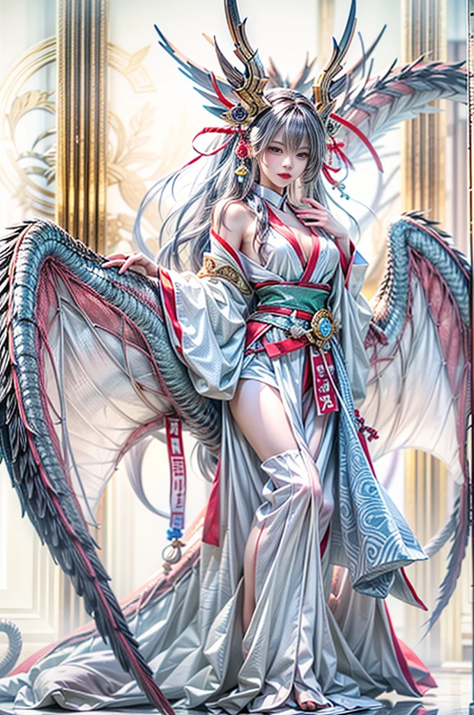 (Photoreal Stick:1.4, masutepiece:1..3, 8K), top-quality, masterpiece, 超A high resolution, Perfect dynamic composition, Professional camera work, Grow Light Effect, Mystical portrait, Cinematic Light, Highly detailed skin and facial texture:1.3, The ultra-detailliert, A detailed eye, (riding a silver dragon, carry a long noble staff), (myterious:1.3, Fanciful:1.2, tradition:1.2, legends:1.2, myth:1.2, majestueux:1.2), 1girl in, 25-years old, cute and sexy slim goddess, Fair skin, (A slight smil:0.9, Totally captivates you:1.0), (japanese miko costume:1.3), (voluptuous breasts:0.9), (back shot beautiful blue eyes, Eyes that feel beautiful eros:0.85), Sexy face:0.4, (A mouthfeel that feels beautiful eros:0.85), ((Too cute beauty:0.9)), Fantastic background, Eliminate unnecessary hands